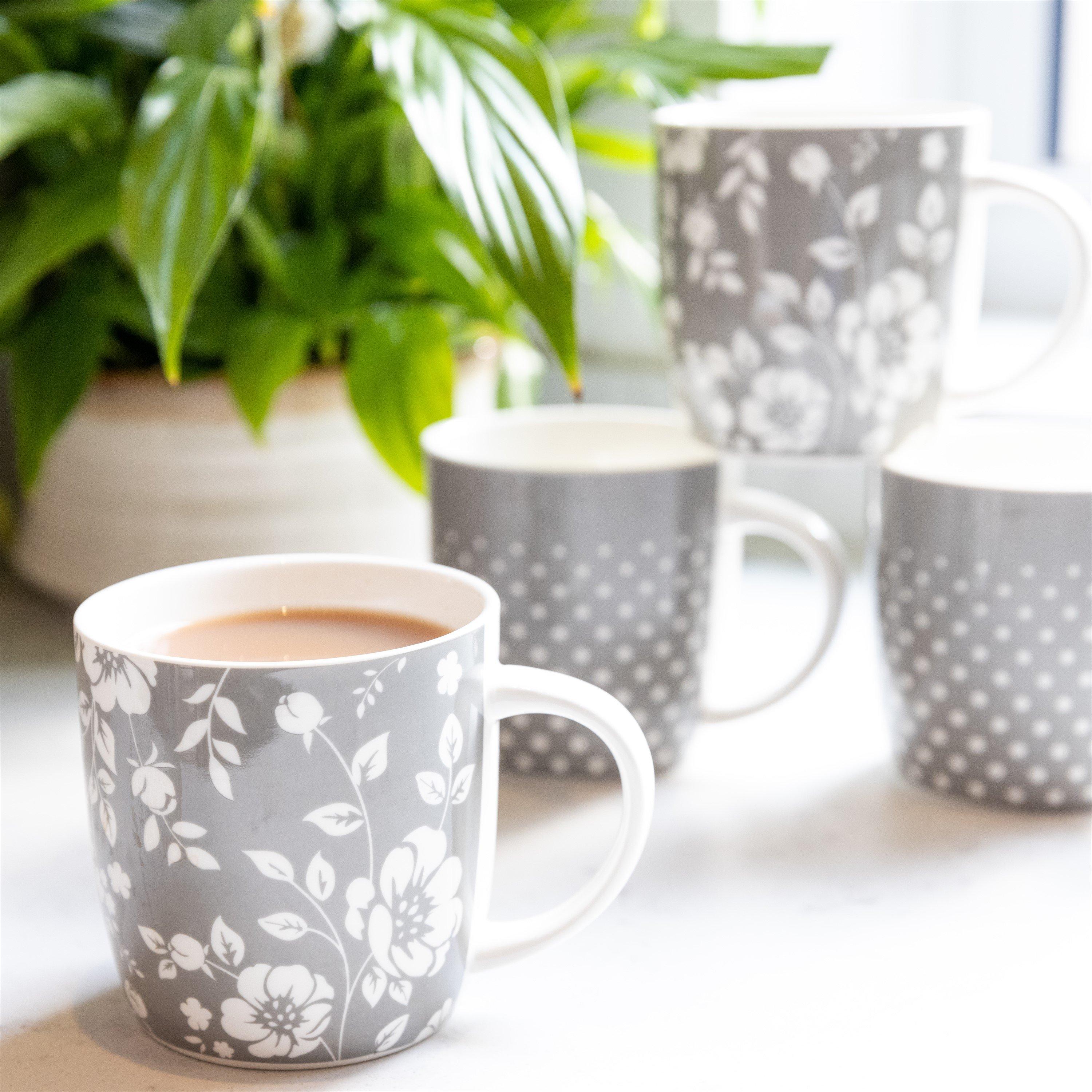 Grey - KitchenCraft - KitchenCraft 4-Piece Grey Floral Polka Dot Mug - 7