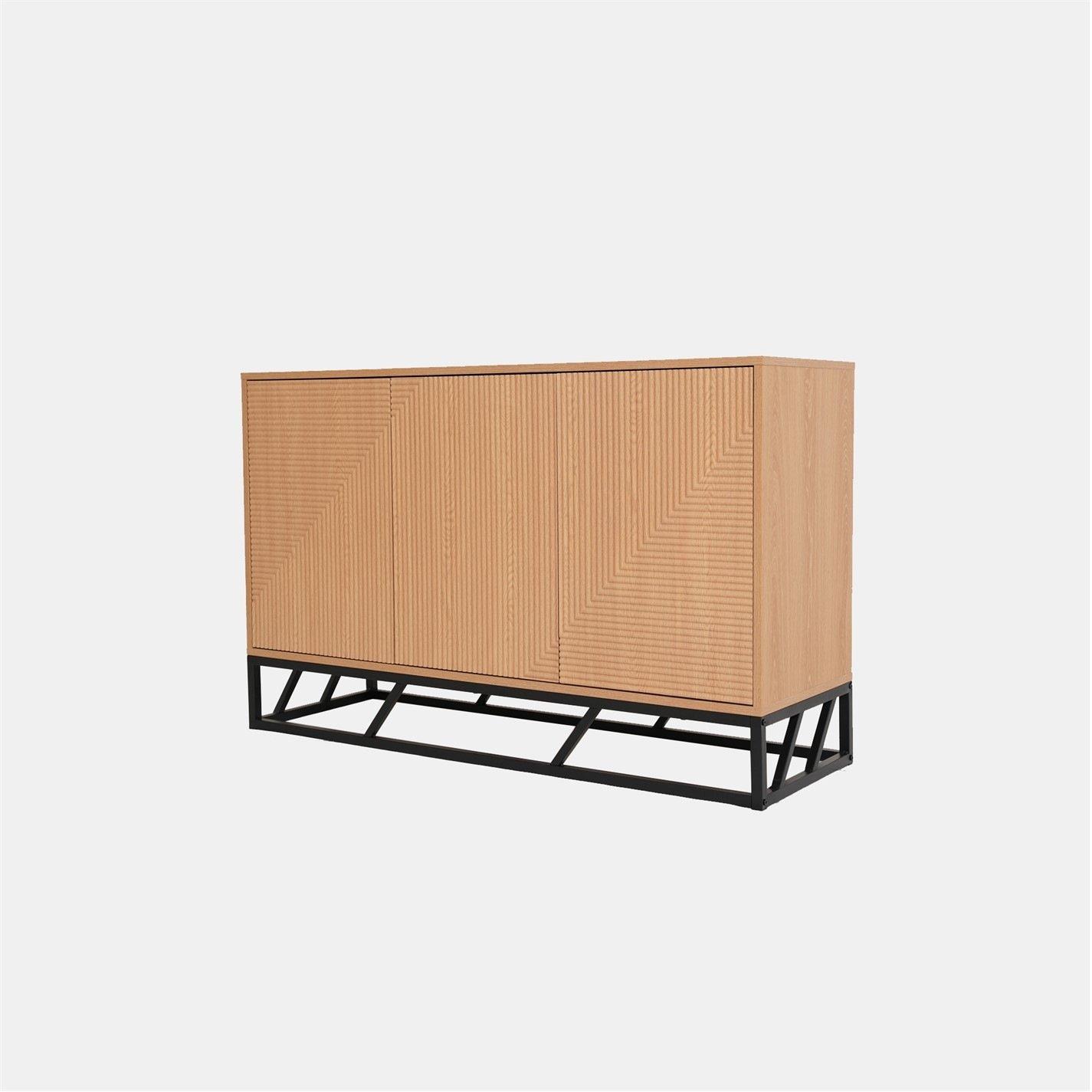 Brown - Biba - Grooved Oak Colour Wooden Sideboard 3 Doors - 3