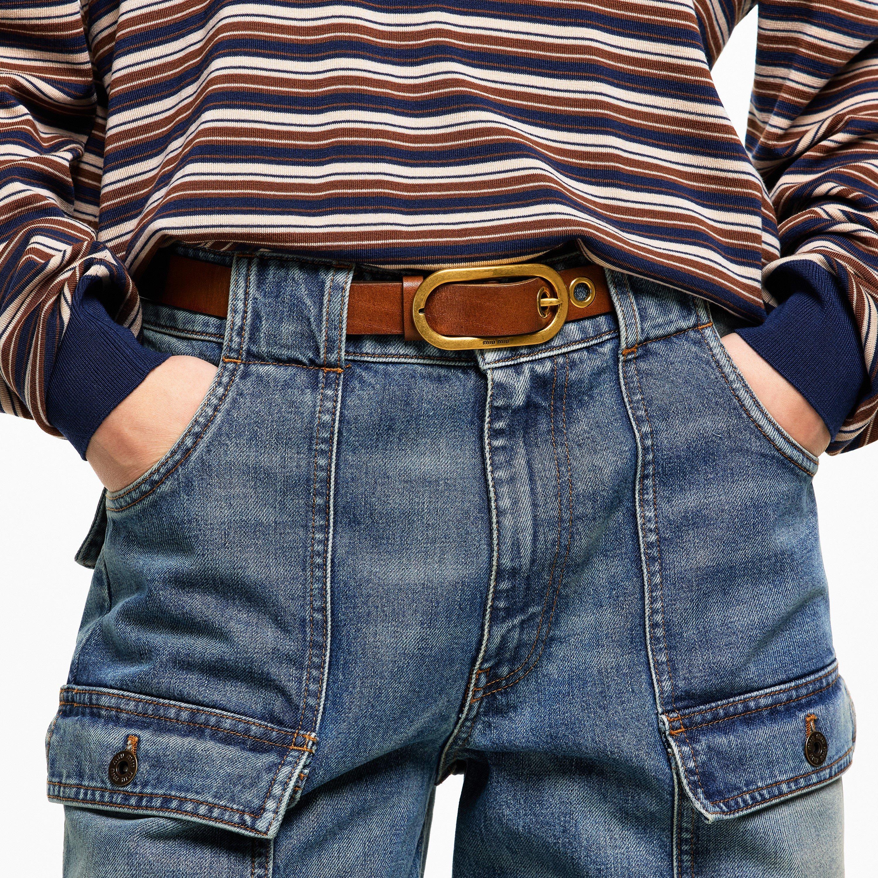 Cognac - Miu Miu - Women's Vintage Ringlet Leather Metal Ringlet Closure Belt - 3