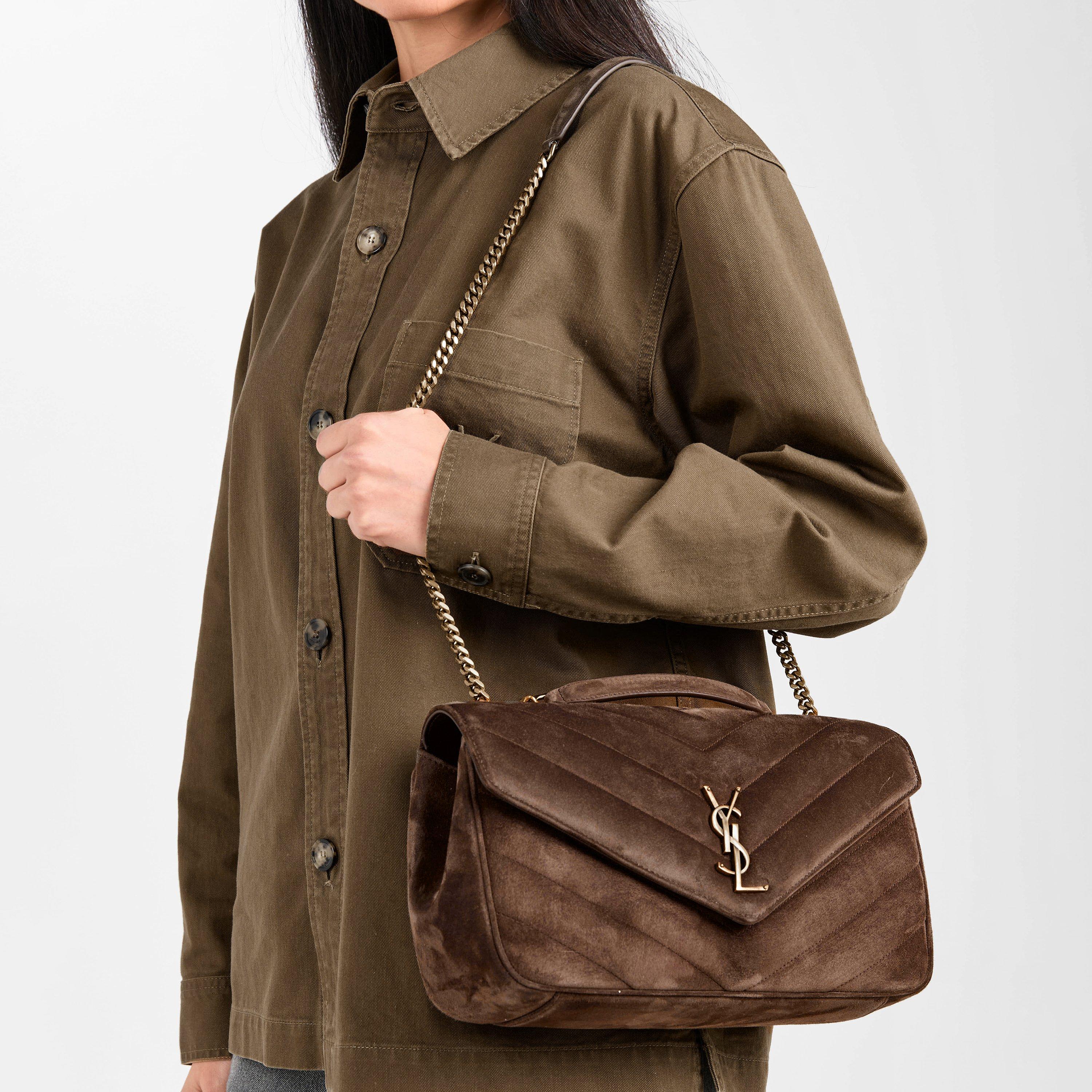 Bark Brown - Saint Laurent - Women's Suede Md Lou Shoulder Bag - 3