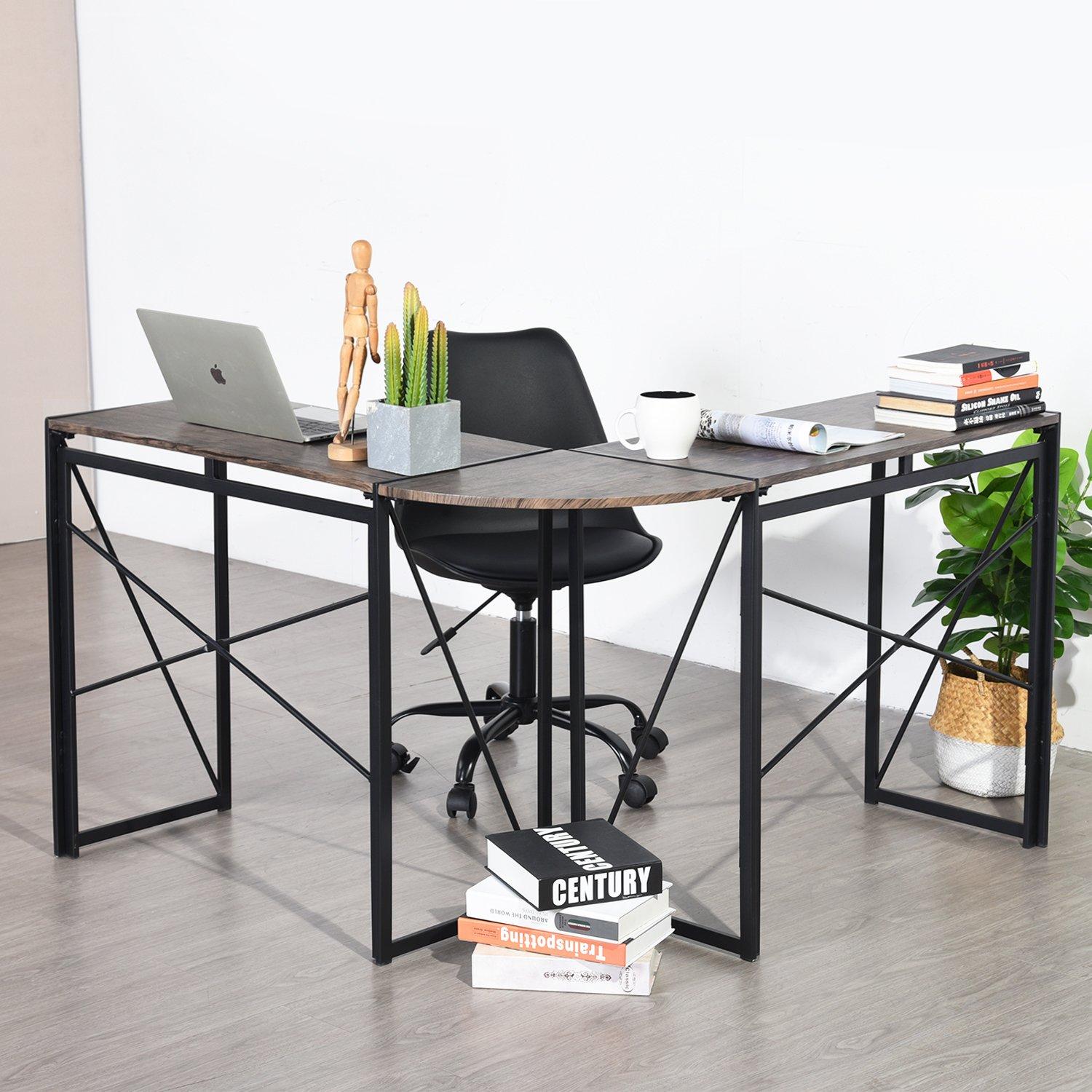 FurnitureR L-Shaped Corner Desk with Metal Frame