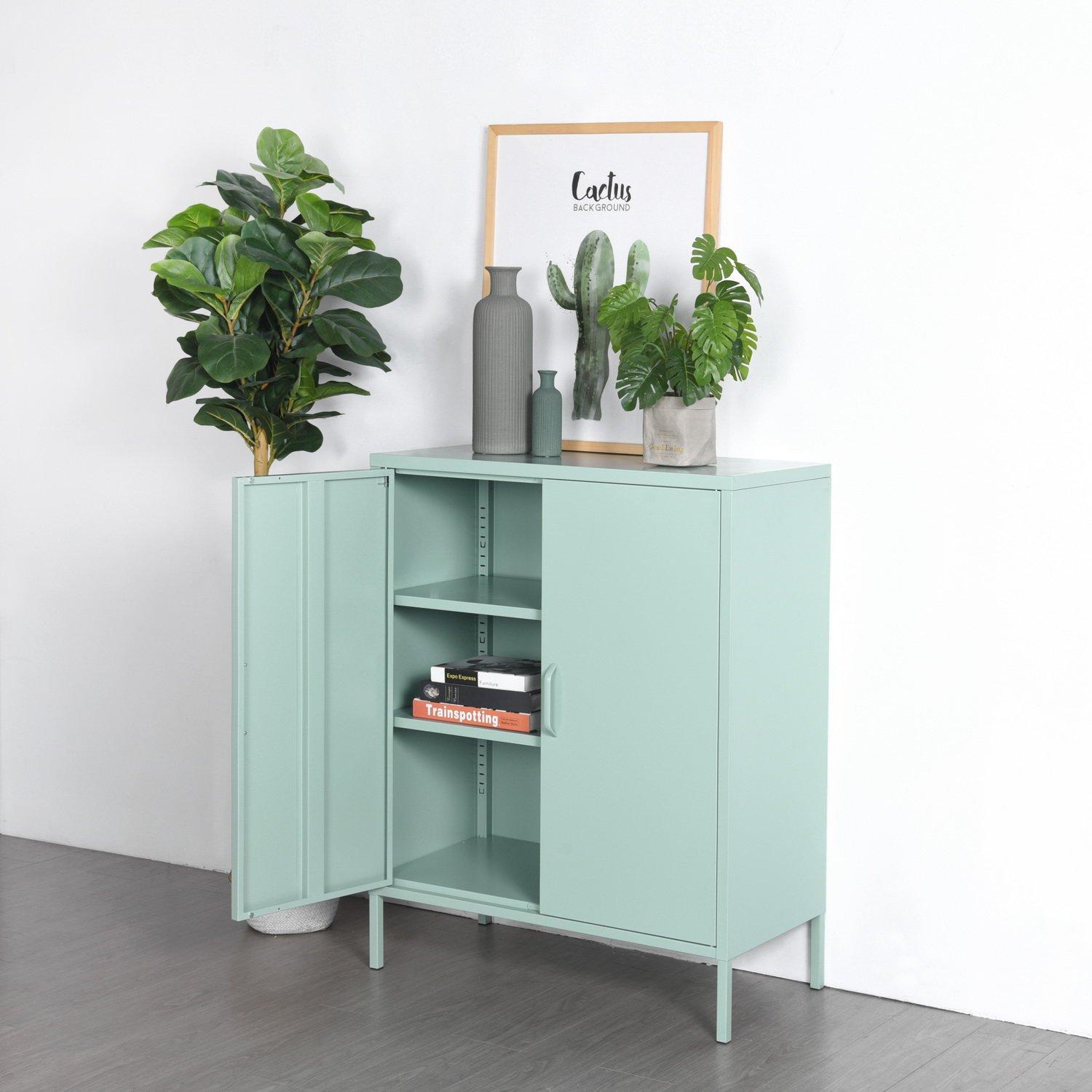 Light Green - FurnitureR - Cabinet with Adjustable Shelves Metal Frame 80 x 40 x 101.5 cm - 3