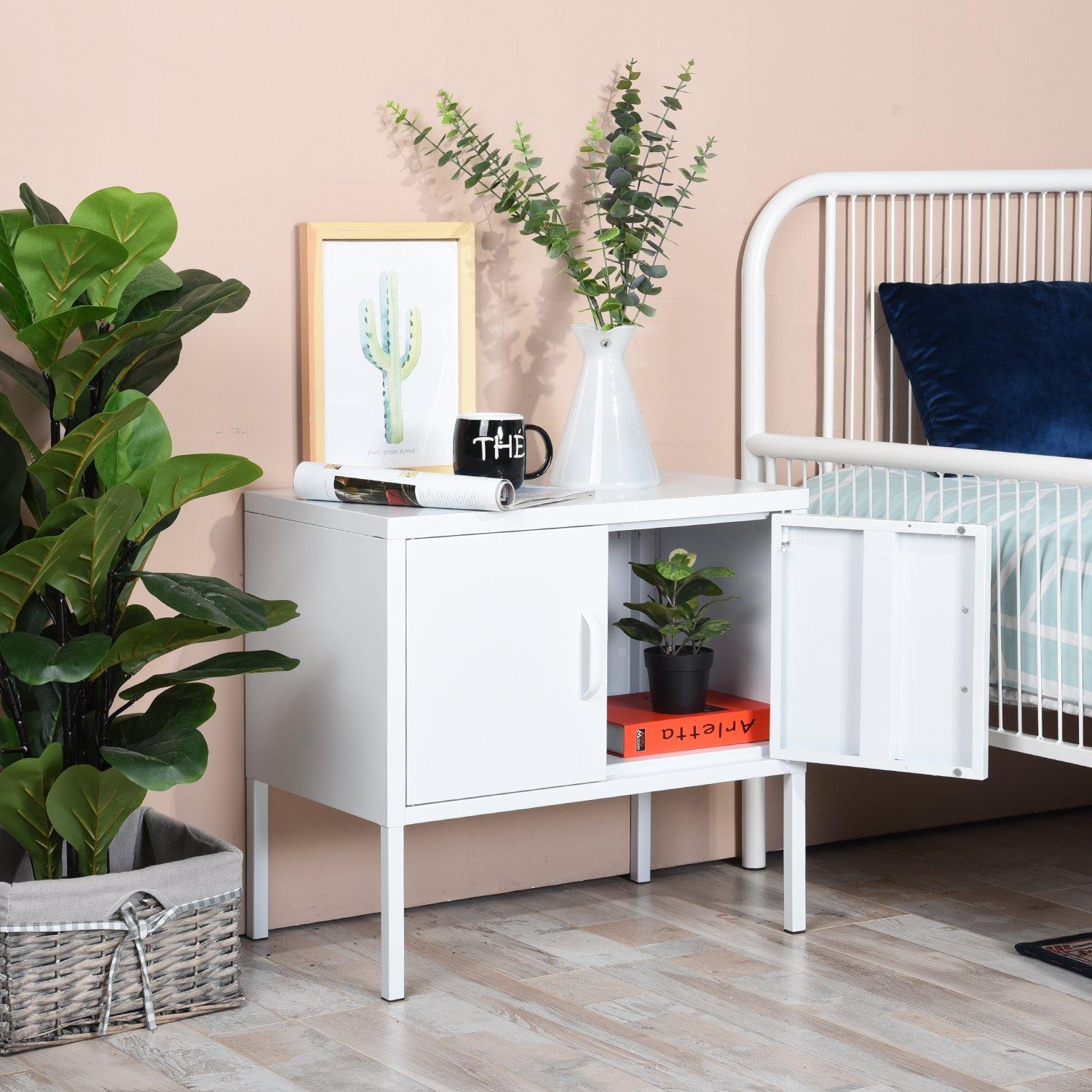 White - FurnitureR - Metal Side Cabinet with Dual Doors 60 x 35 x 56 cm - 2