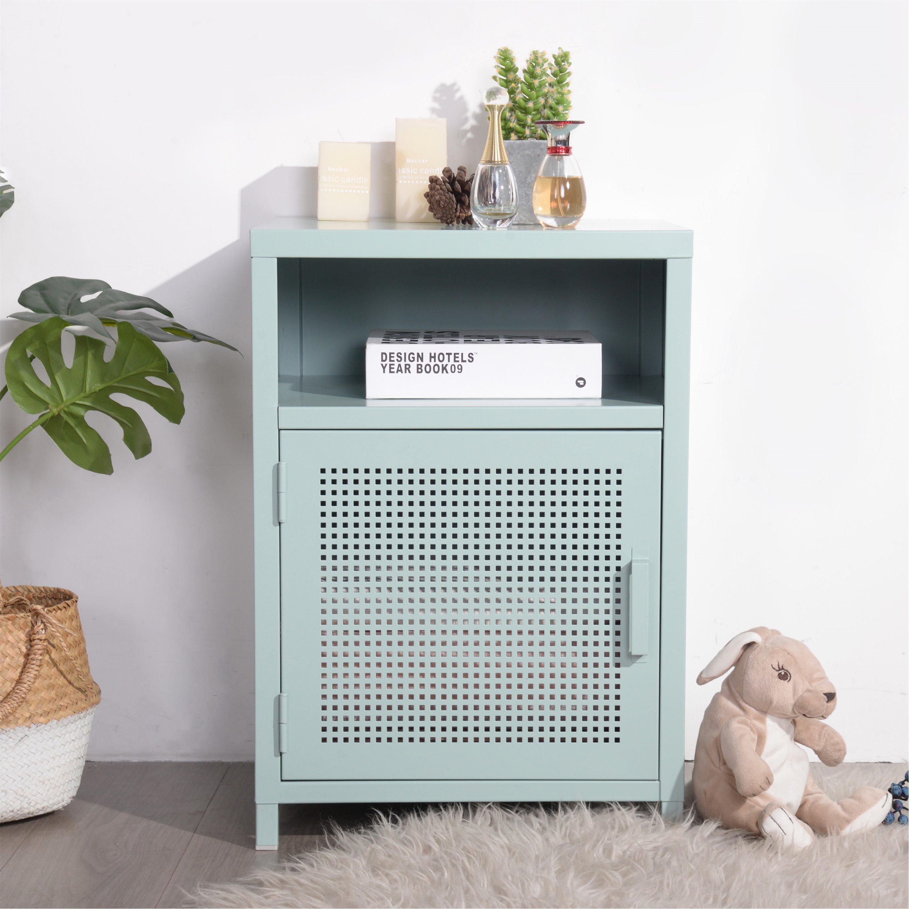 Green - FurnitureR - Storage Cabinet with Perforated Door and Open Shelf 39 x 35 x 56 cm - 2