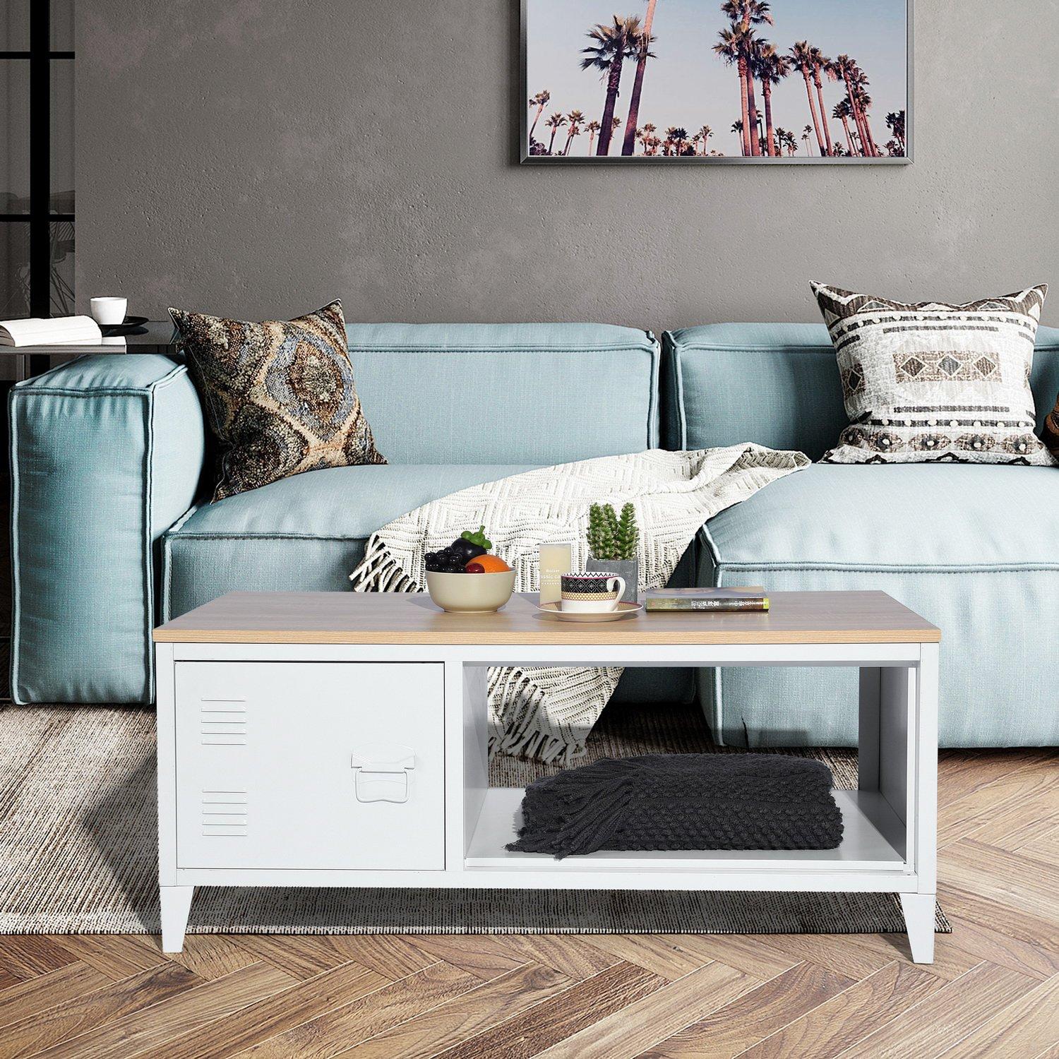 White - FurnitureR - Coffee Table with Storage Cabinet and Open Shelf 110.5 x 55.5 x 48 cm - 1
