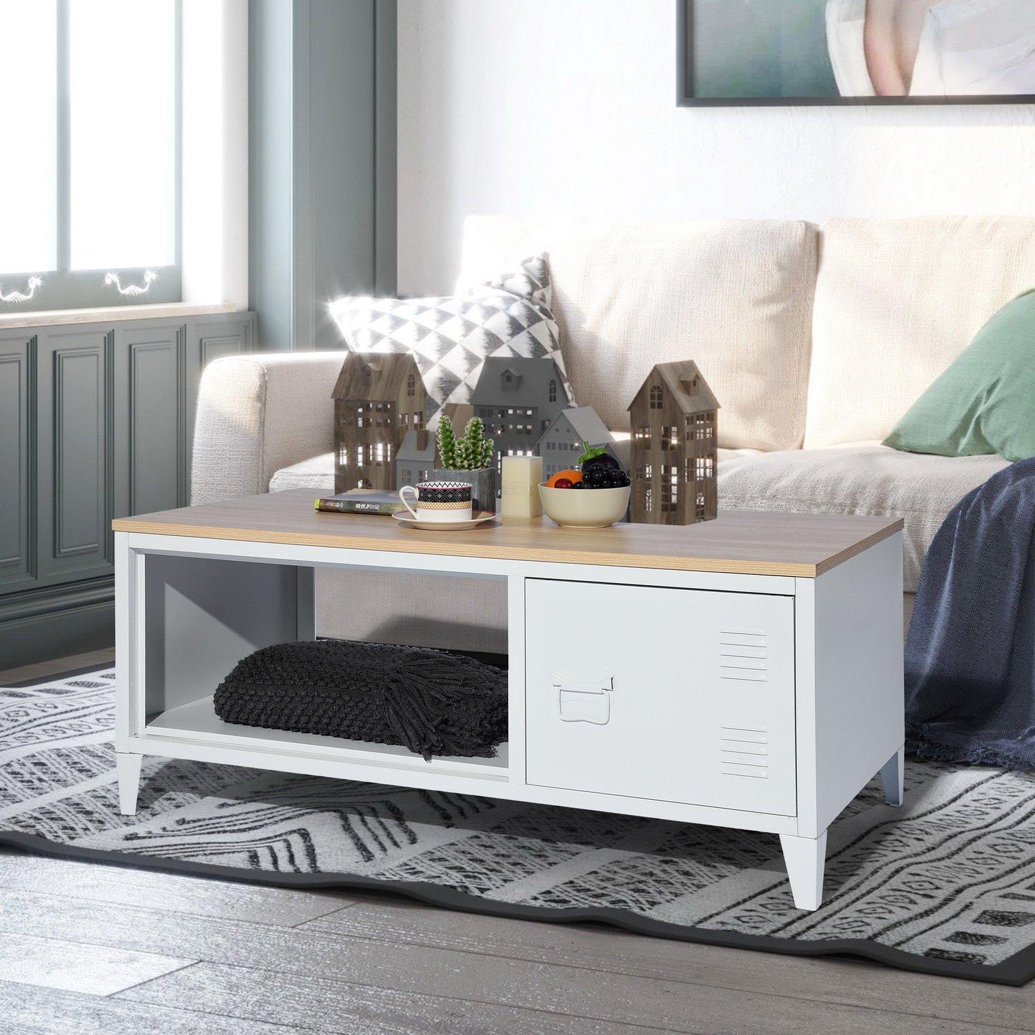 White - FurnitureR - Coffee Table with Storage Cabinet and Open Shelf 110.5 x 55.5 x 48 cm - 2