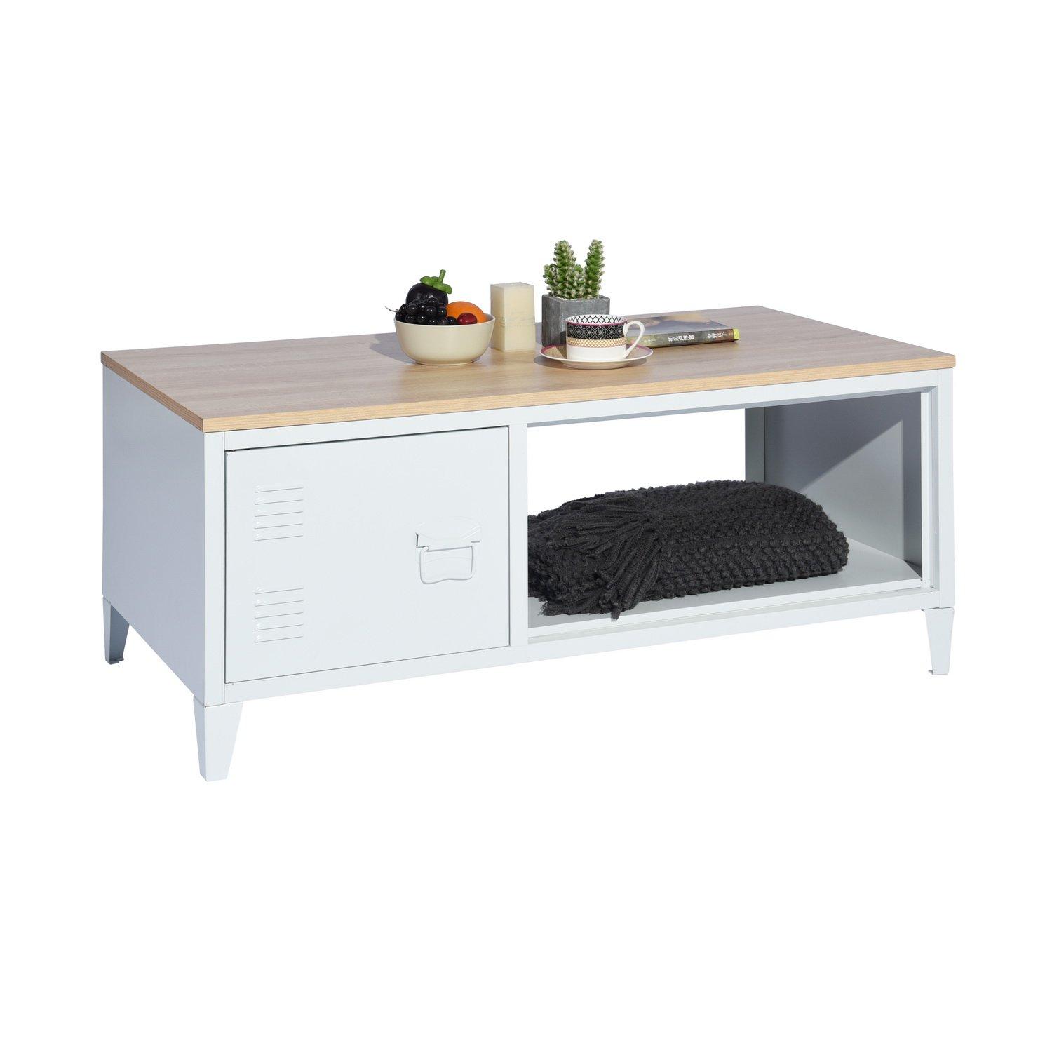 White - FurnitureR - Coffee Table with Storage Cabinet and Open Shelf 110.5 x 55.5 x 48 cm - 3