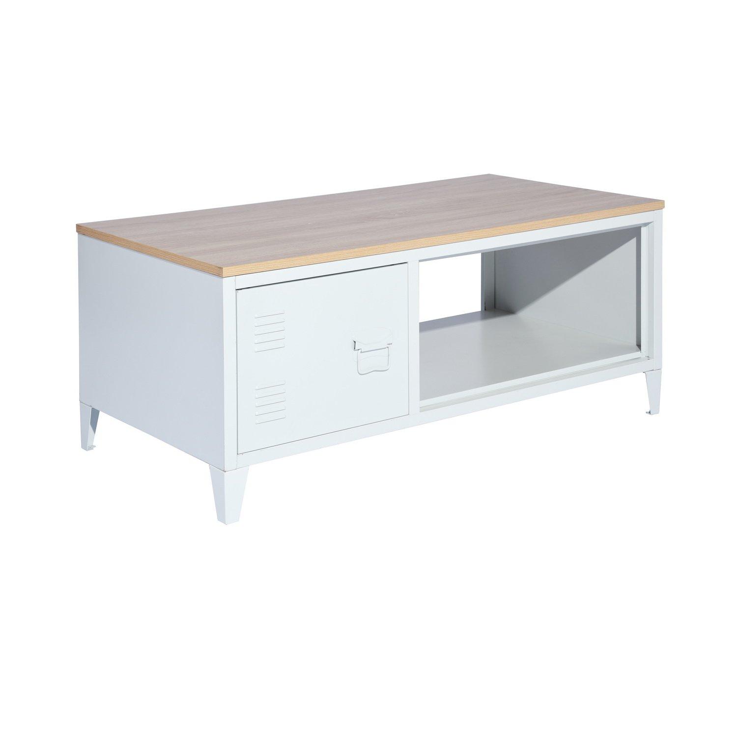 White - FurnitureR - Coffee Table with Storage Cabinet and Open Shelf 110.5 x 55.5 x 48 cm - 5
