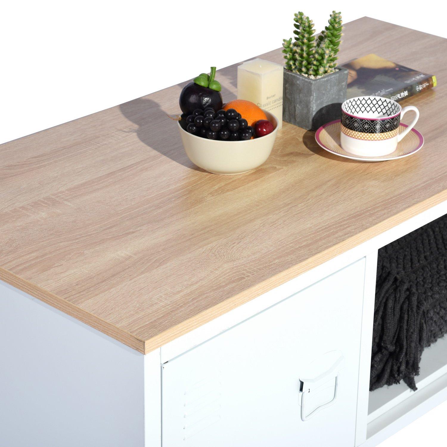 White - FurnitureR - Coffee Table with Storage Cabinet and Open Shelf 110.5 x 55.5 x 48 cm - 8