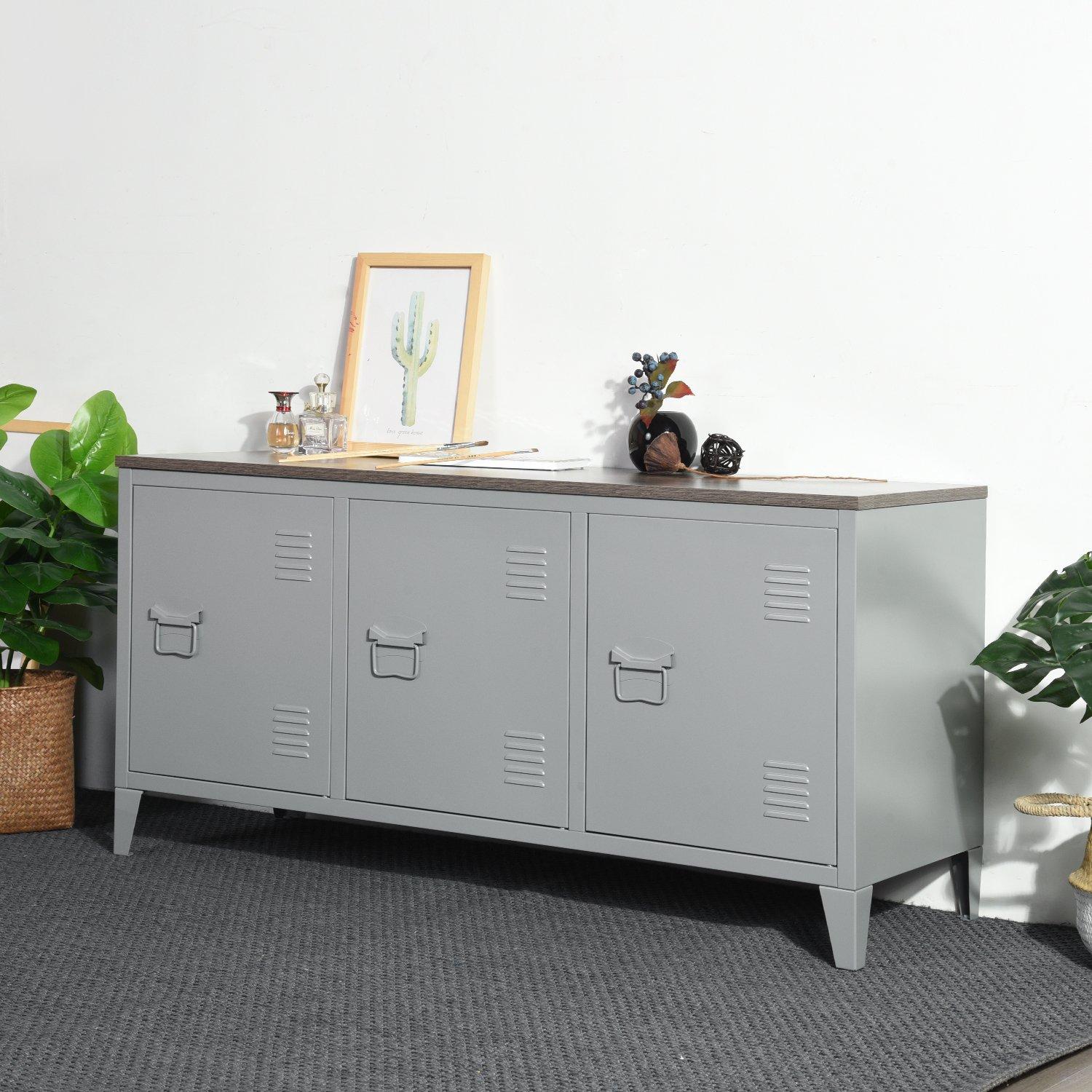 Grey - FurnitureR - Sideboard Cabinet with 3 Doors and Wood-Effect Top 120.5 x 40.5 x 60 cm - 2