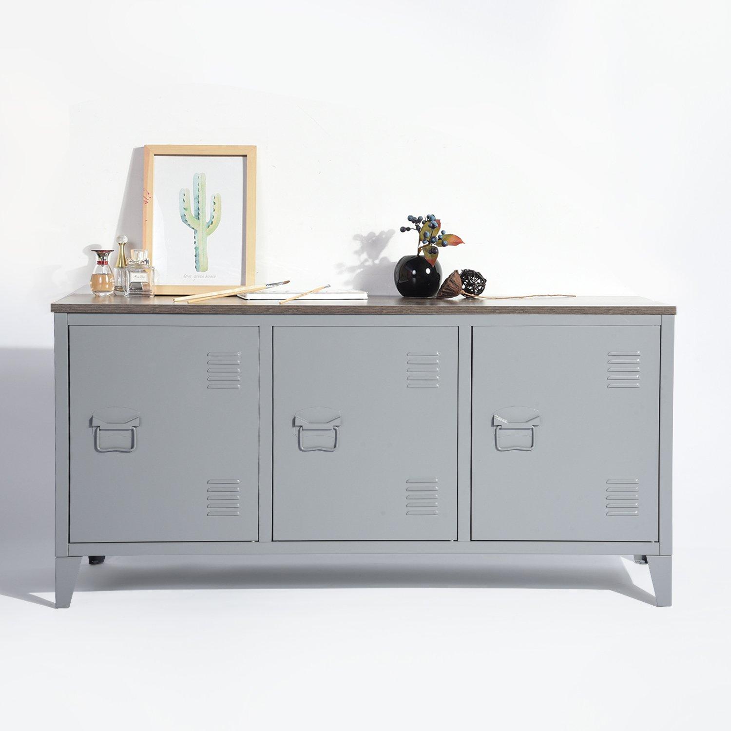Grey - FurnitureR - Sideboard Cabinet with 3 Doors and Wood-Effect Top 120.5 x 40.5 x 60 cm - 5