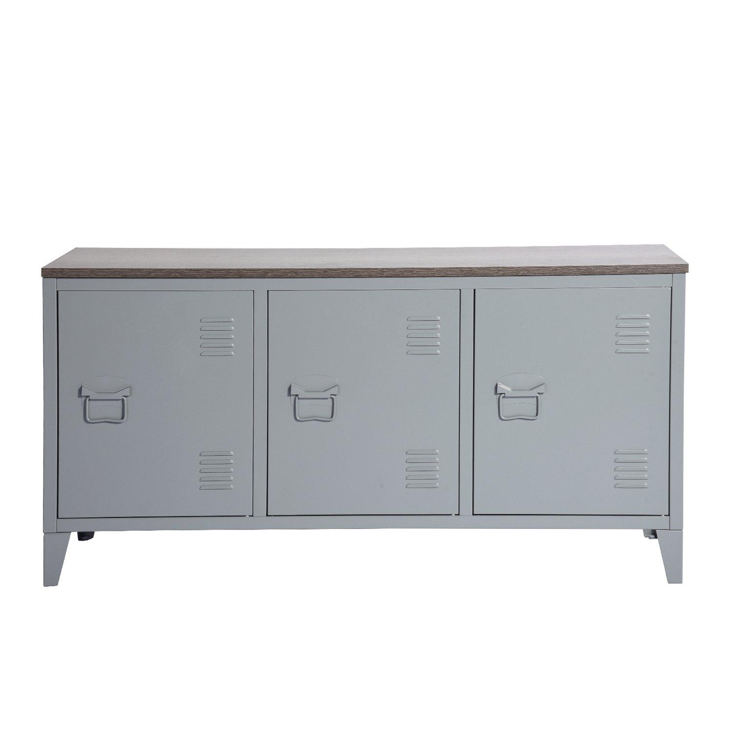 Grey - FurnitureR - Sideboard Cabinet with 3 Doors and Wood-Effect Top 120.5 x 40.5 x 60 cm - 7