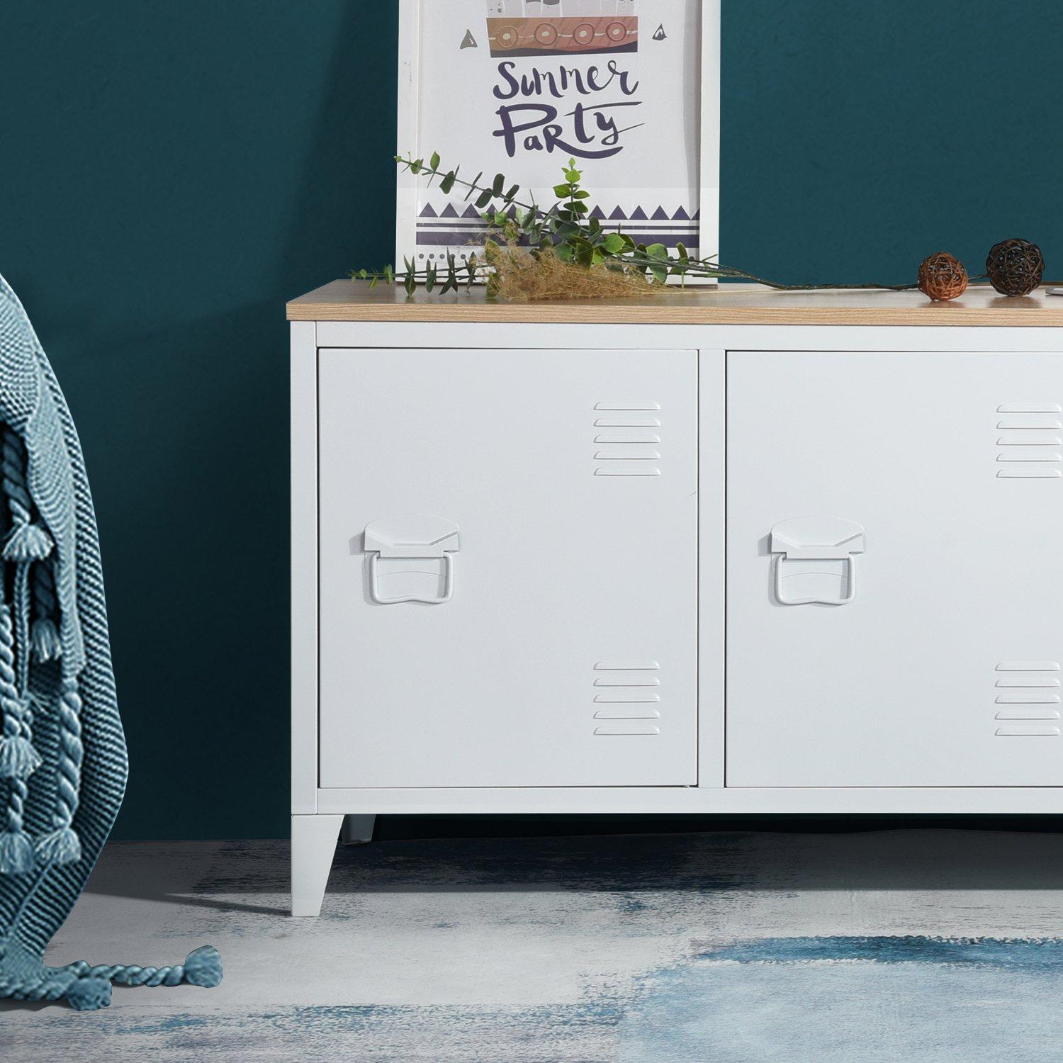 White - FurnitureR - Sideboard Cabinet with 3 Doors and Wood-Look Top 120.5 x 40.5 x 60 cm - 2