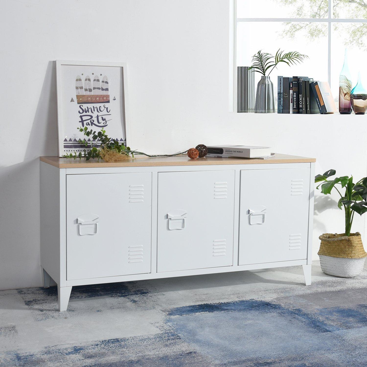 White - FurnitureR - Sideboard Cabinet with 3 Doors and Wood-Look Top 120.5 x 40.5 x 60 cm - 3
