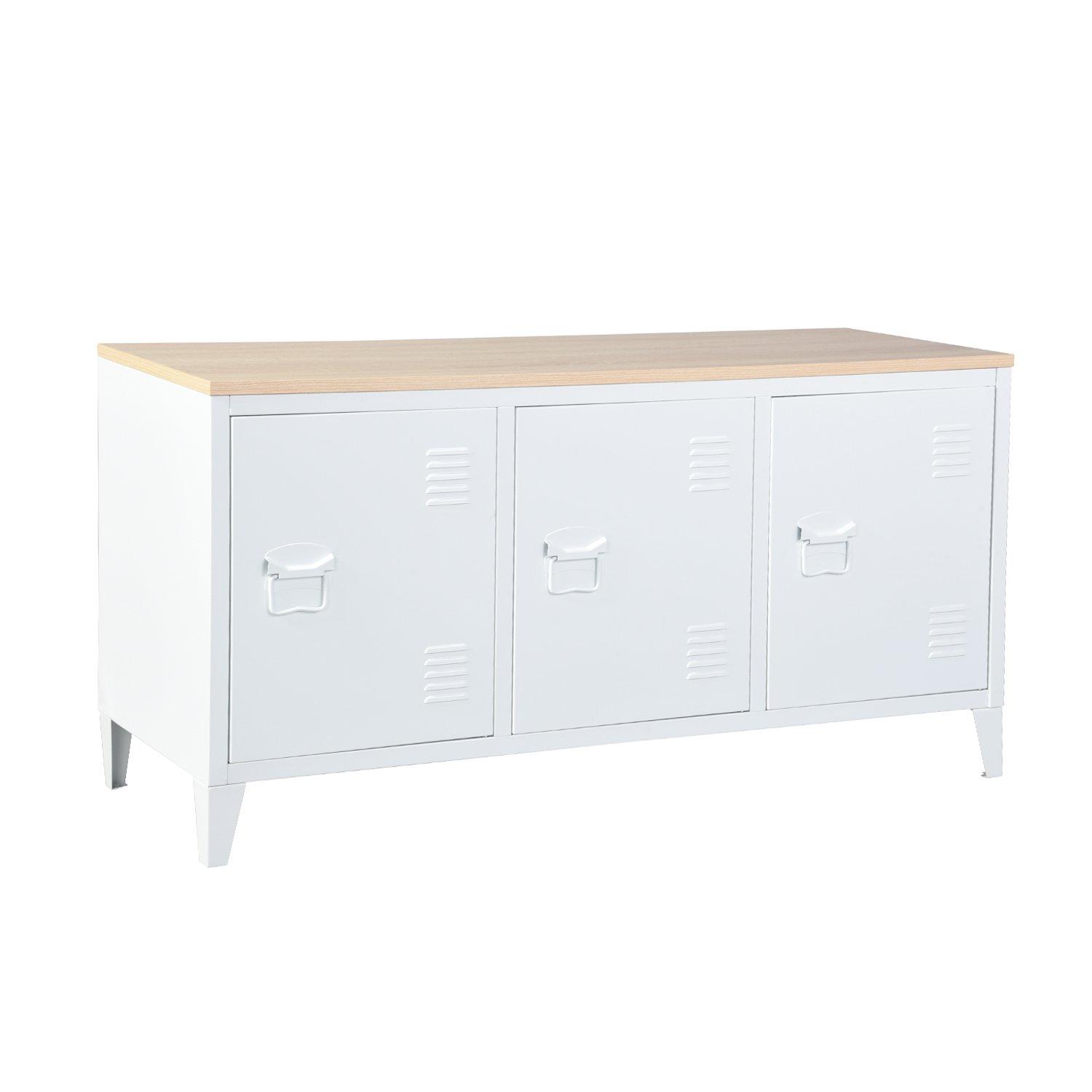 White - FurnitureR - Sideboard Cabinet with 3 Doors and Wood-Look Top 120.5 x 40.5 x 60 cm - 5