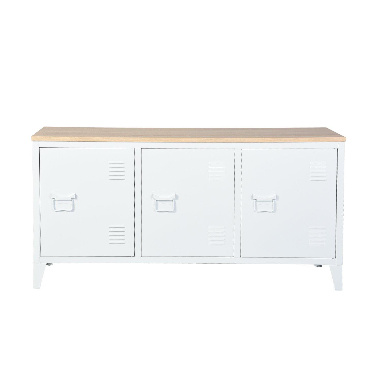 White - FurnitureR - Sideboard Cabinet with 3 Doors and Wood-Look Top 120.5 x 40.5 x 60 cm - 7