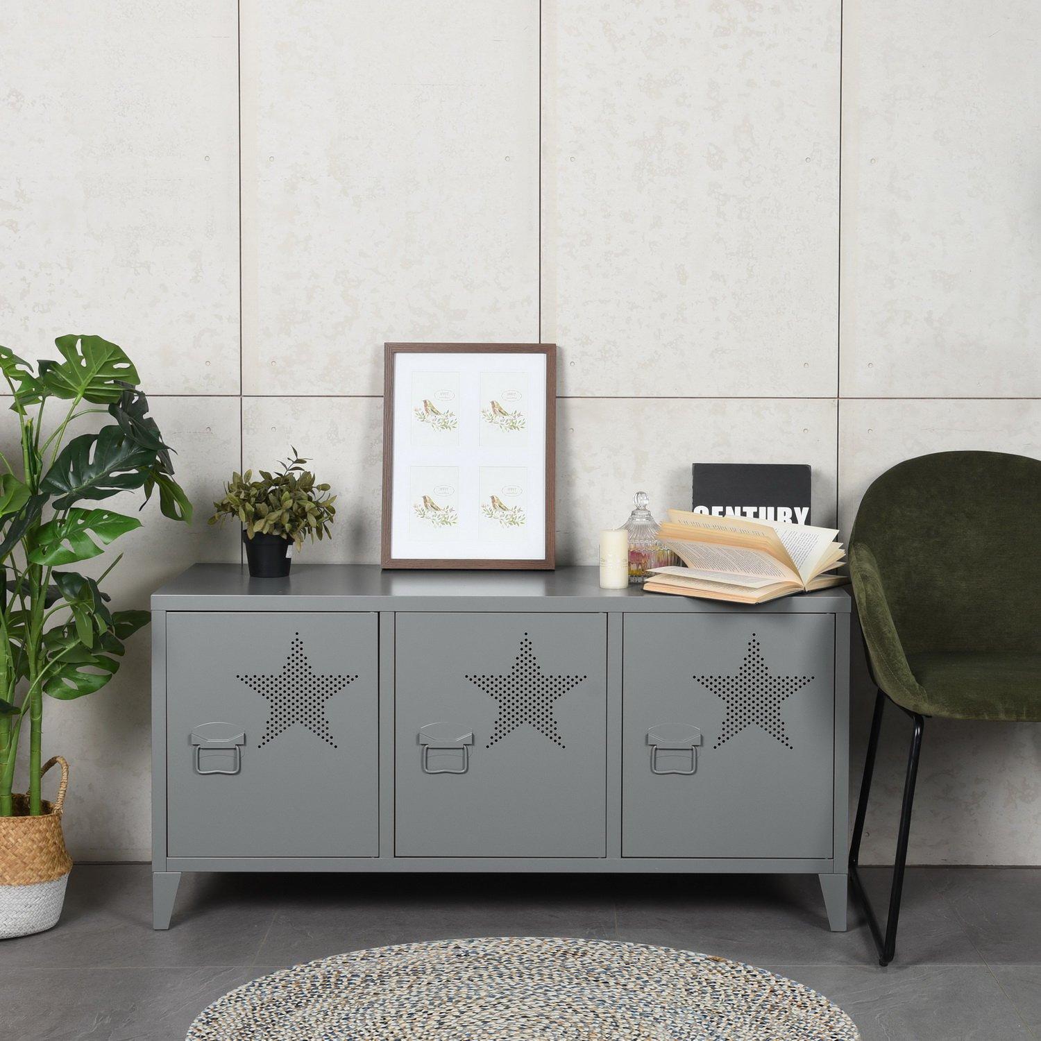Dark Grey - FurnitureR - Sideboard with Star Pattern Doors and Cable Hole 120 x 40 x 58 cm - 1