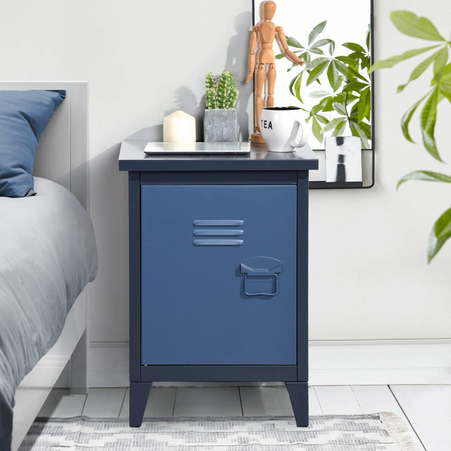 Blue - FurnitureR - Metal Bedside Cabinet with Door and Shelf 44 x 39 x 60.5 cm - 1