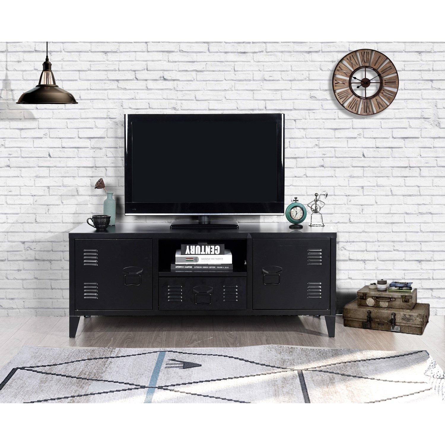 Black - FurnitureR - Metal TV Stand with Storage  120 cm Media Console Cabinet - 2
