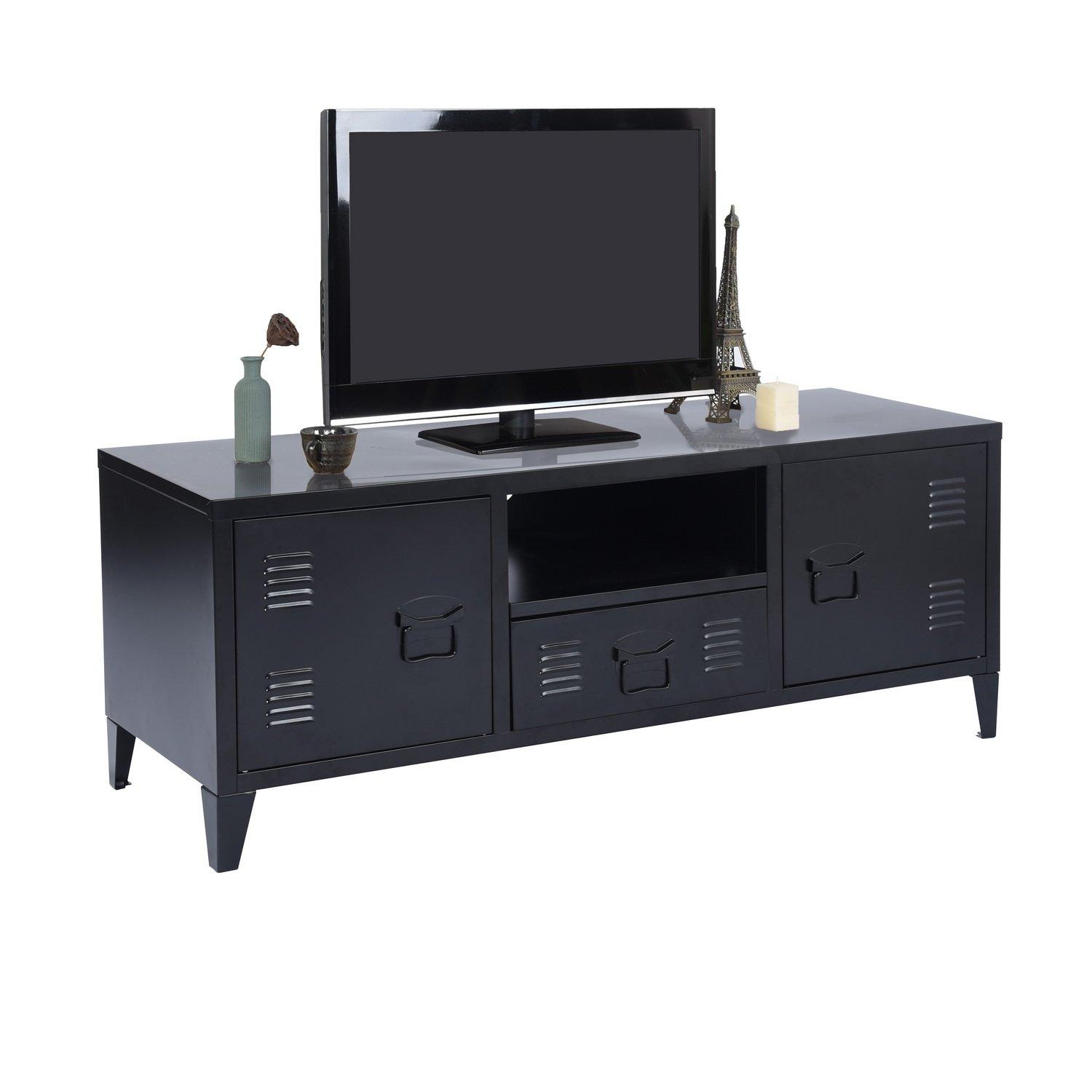 Black - FurnitureR - Metal TV Stand with Storage  120 cm Media Console Cabinet - 3