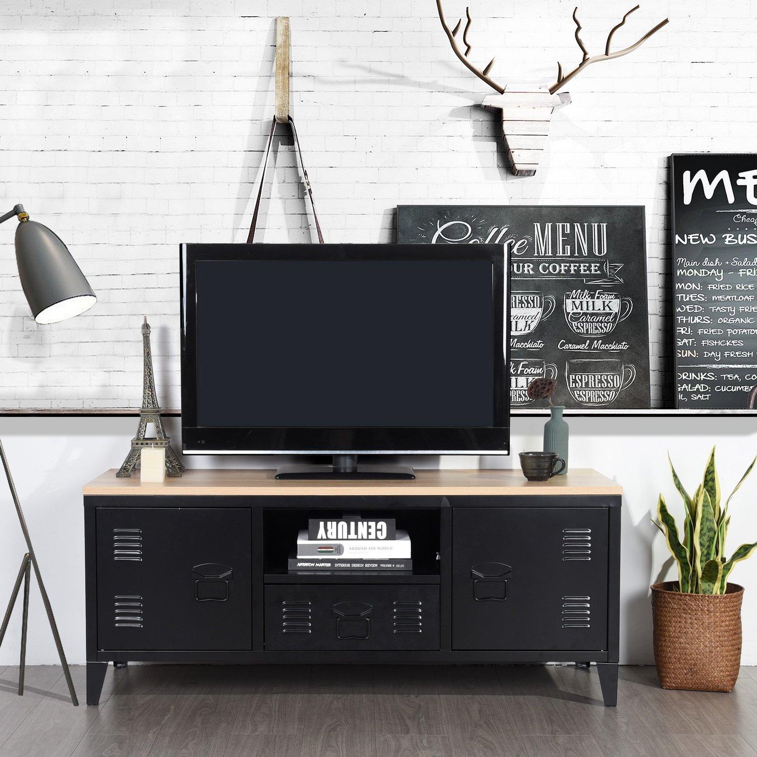 Oak Black - FurnitureR - Industrial Metal TV Stand with Storage 120 cm Media Console Cabinet - 1