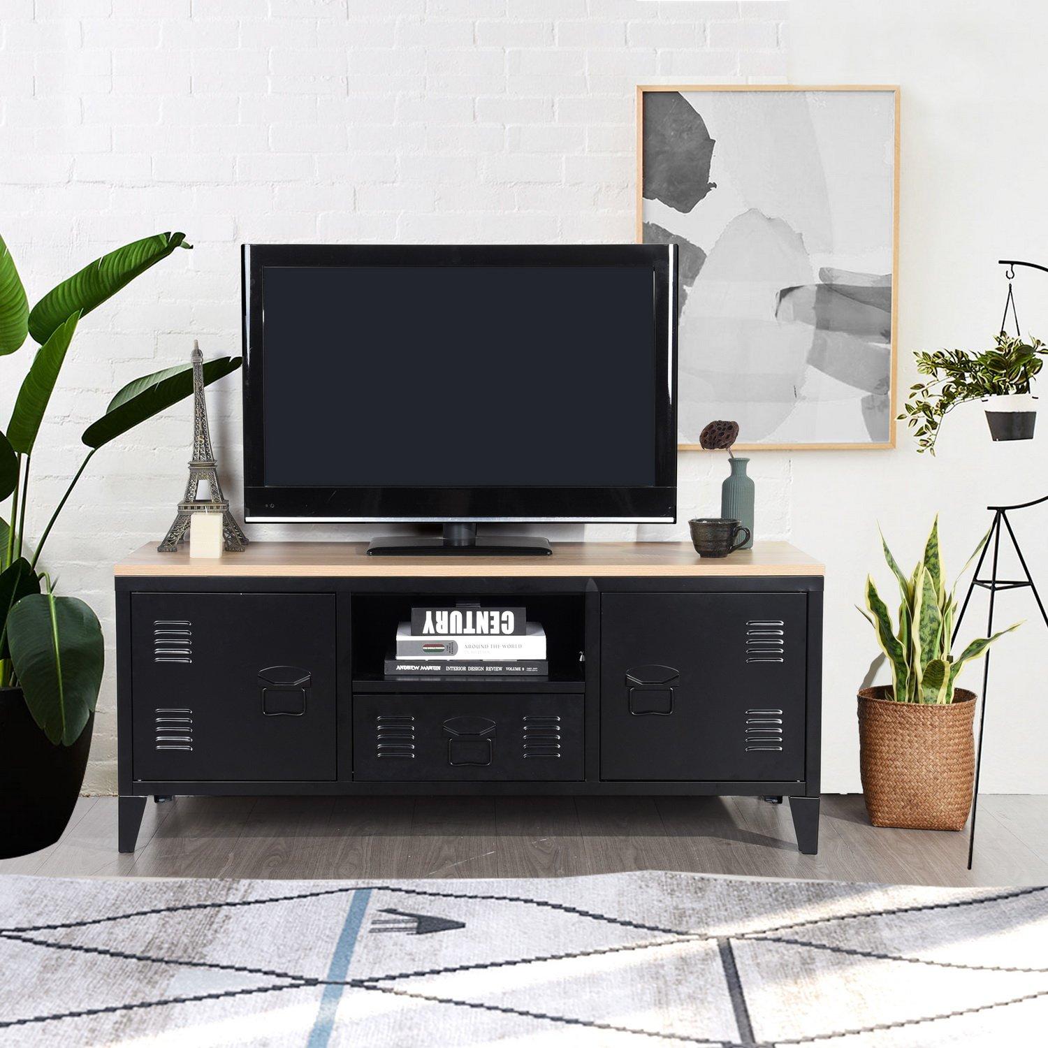 Oak Black - FurnitureR - Industrial Metal TV Stand with Storage  120 cm Media Console Cabinet - 2