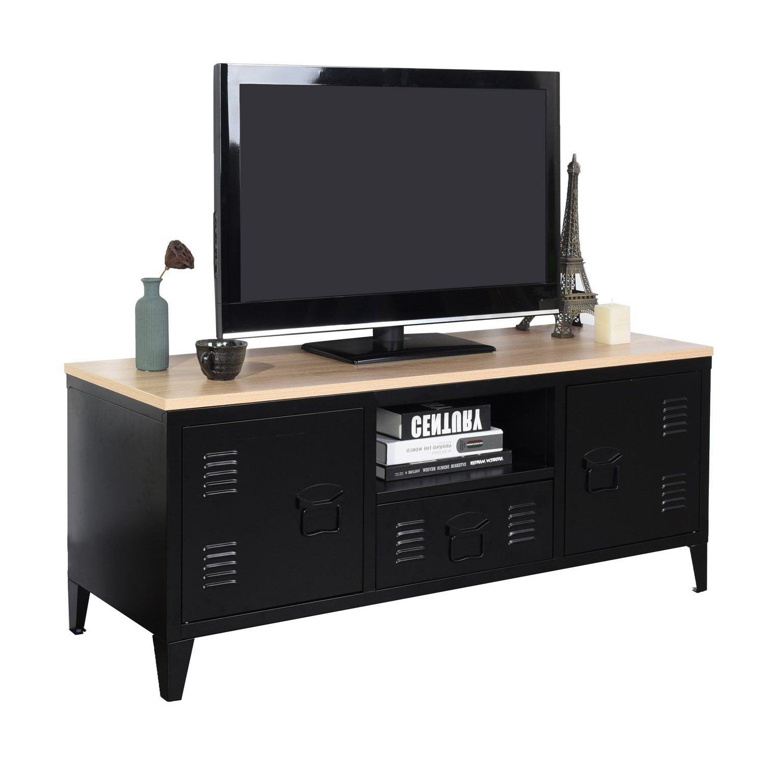 Oak Black - FurnitureR - Industrial Metal TV Stand with Storage  120 cm Media Console Cabinet - 3