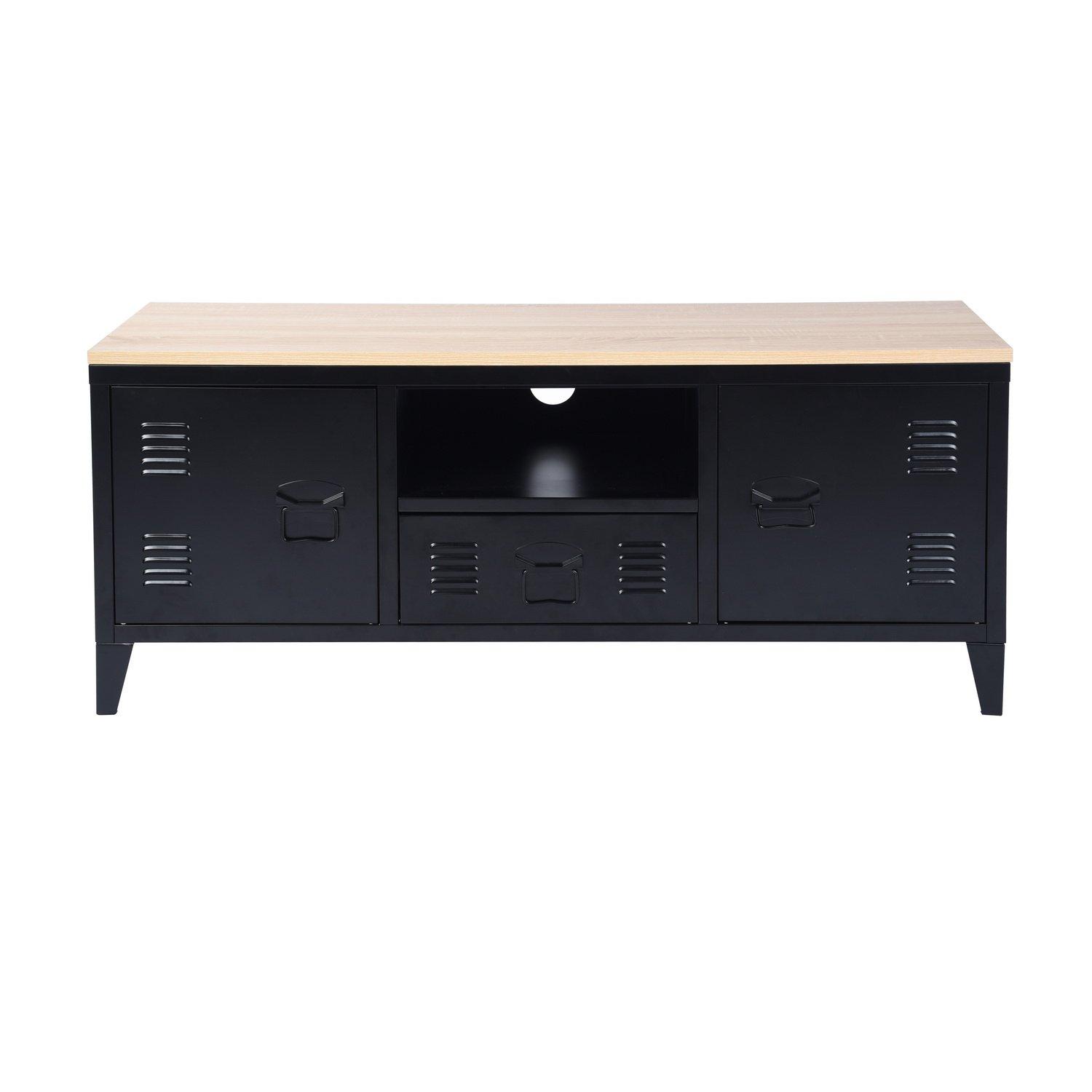 Oak Black - FurnitureR - Industrial Metal TV Stand with Storage  120 cm Media Console Cabinet - 5