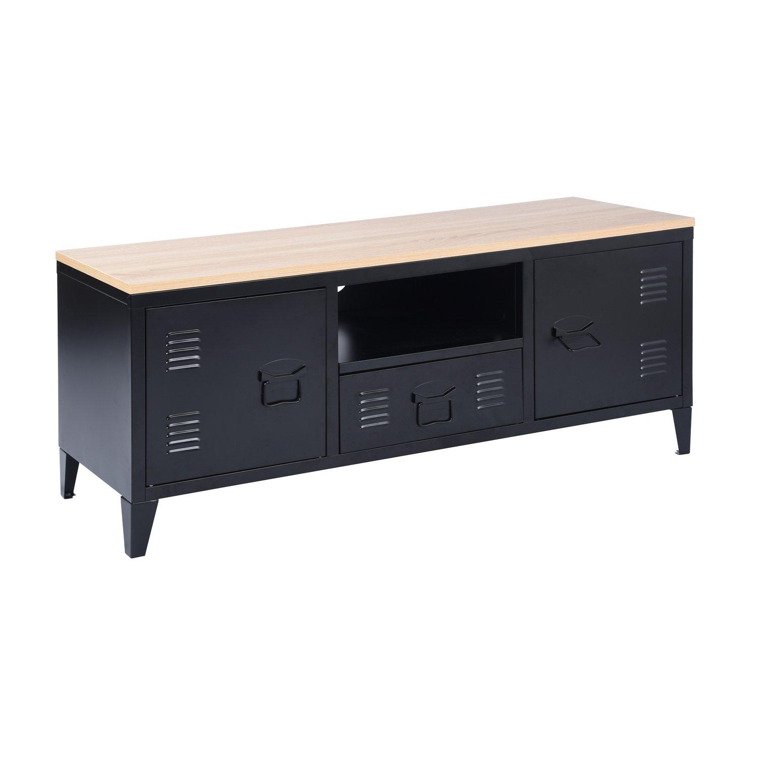 Oak Black - FurnitureR - Industrial Metal TV Stand with Storage  120 cm Media Console Cabinet - 6