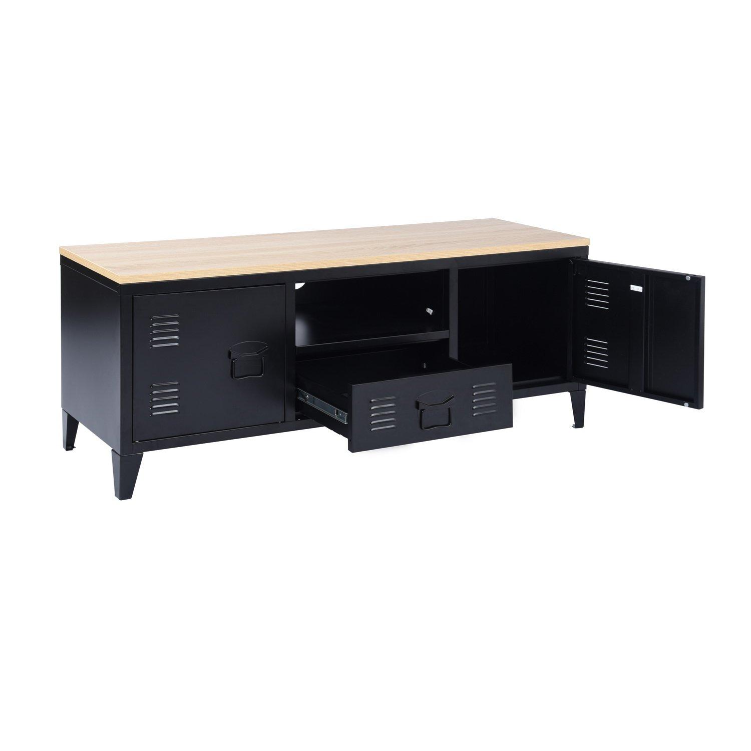 Oak Black - FurnitureR - Industrial Metal TV Stand with Storage  120 cm Media Console Cabinet - 7