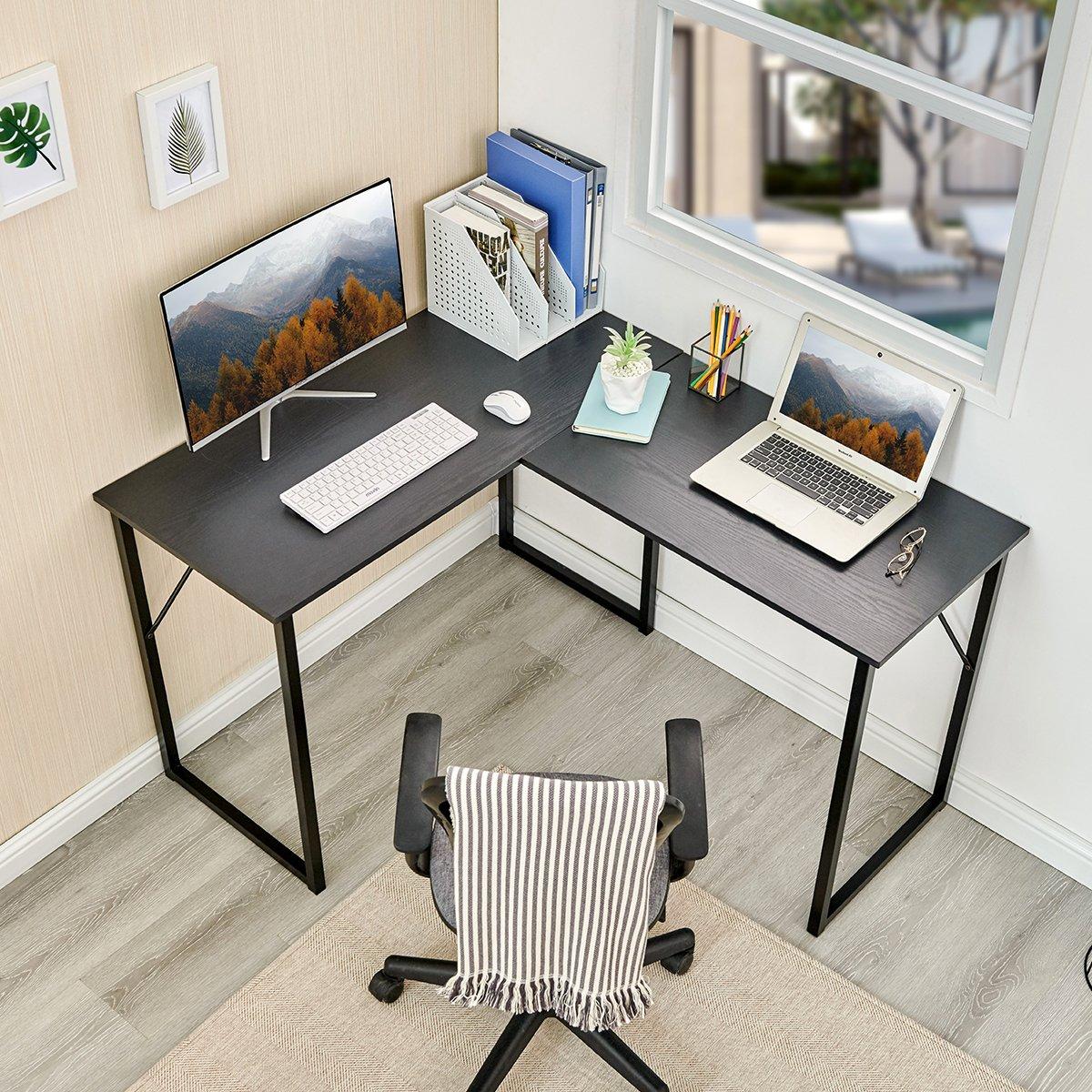 Black - FurnitureR - L-Shaped Corner Desk 129 cm Home Office Computer Table with Metal Frame - 2