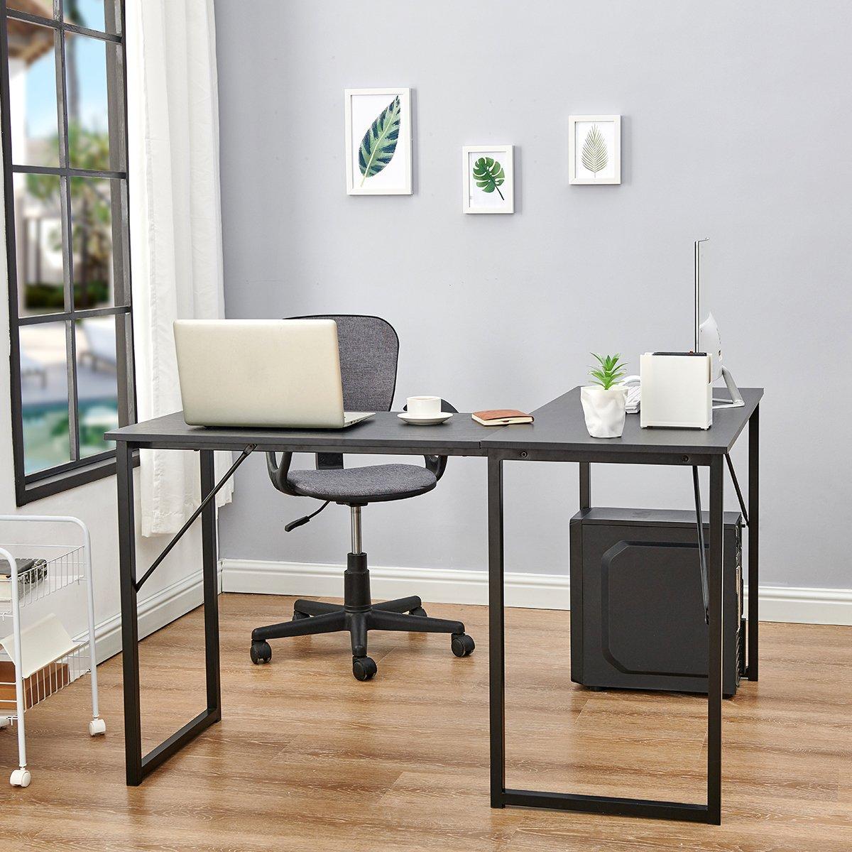 Black - FurnitureR - L-Shaped Corner Desk 129 cm Home Office Computer Table with Metal Frame - 3