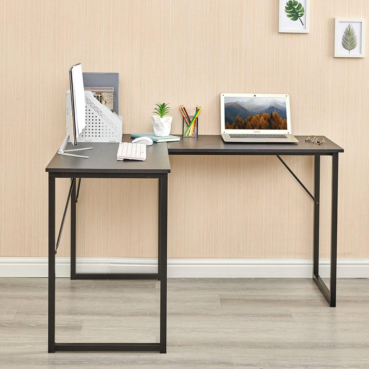 Black - FurnitureR - L-Shaped Corner Desk 129 cm Home Office Computer Table with Metal Frame - 4