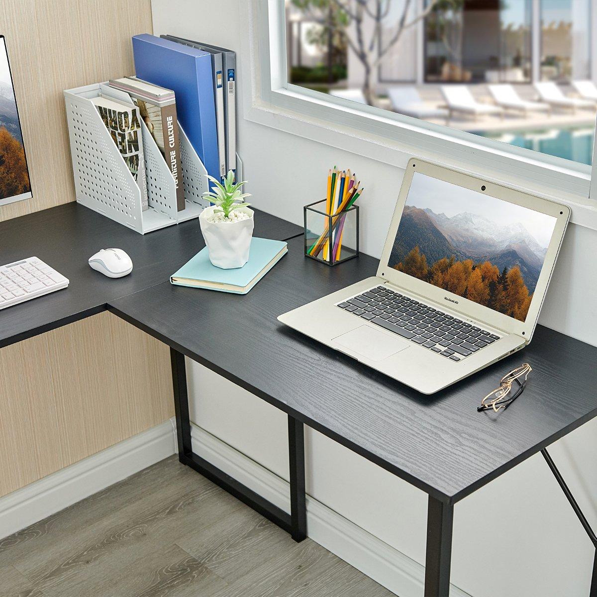 Black - FurnitureR - L-Shaped Corner Desk 129 cm Home Office Computer Table with Metal Frame - 5