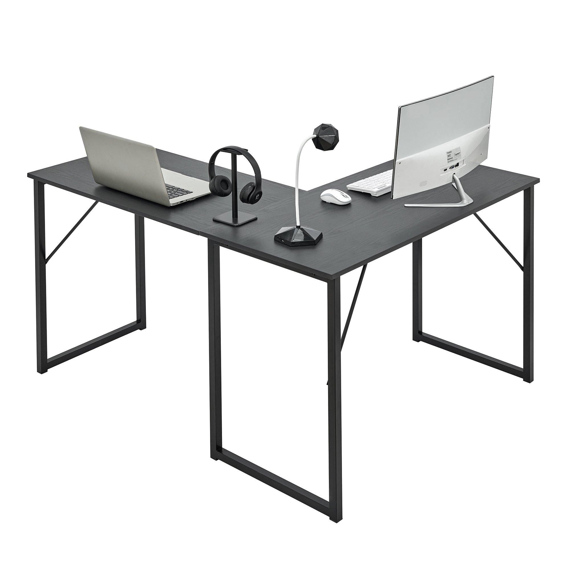 Black - FurnitureR - L-Shaped Corner Desk 129 cm Home Office Computer Table with Metal Frame - 6