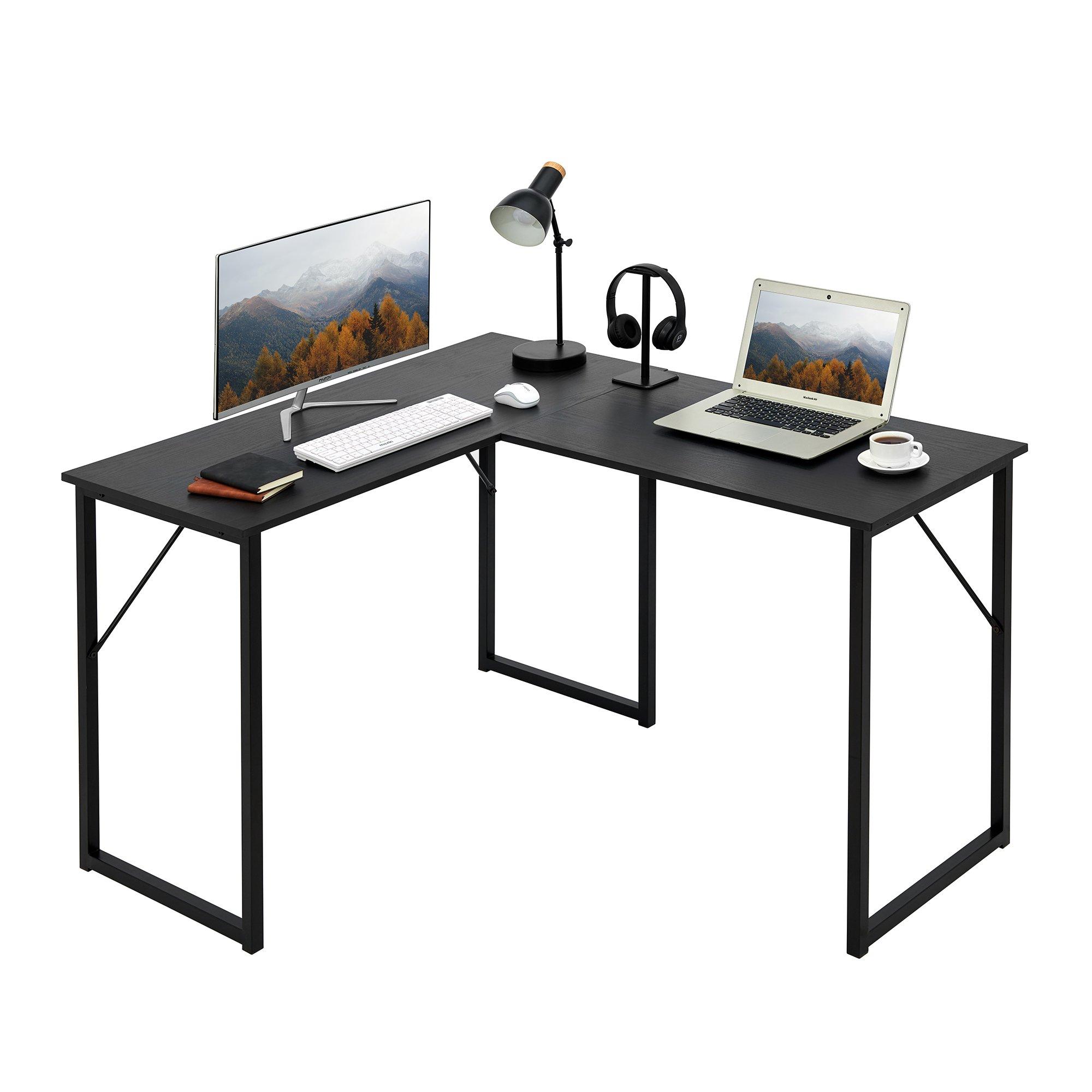 Black - FurnitureR - L-Shaped Corner Desk 129 cm Home Office Computer Table with Metal Frame - 7
