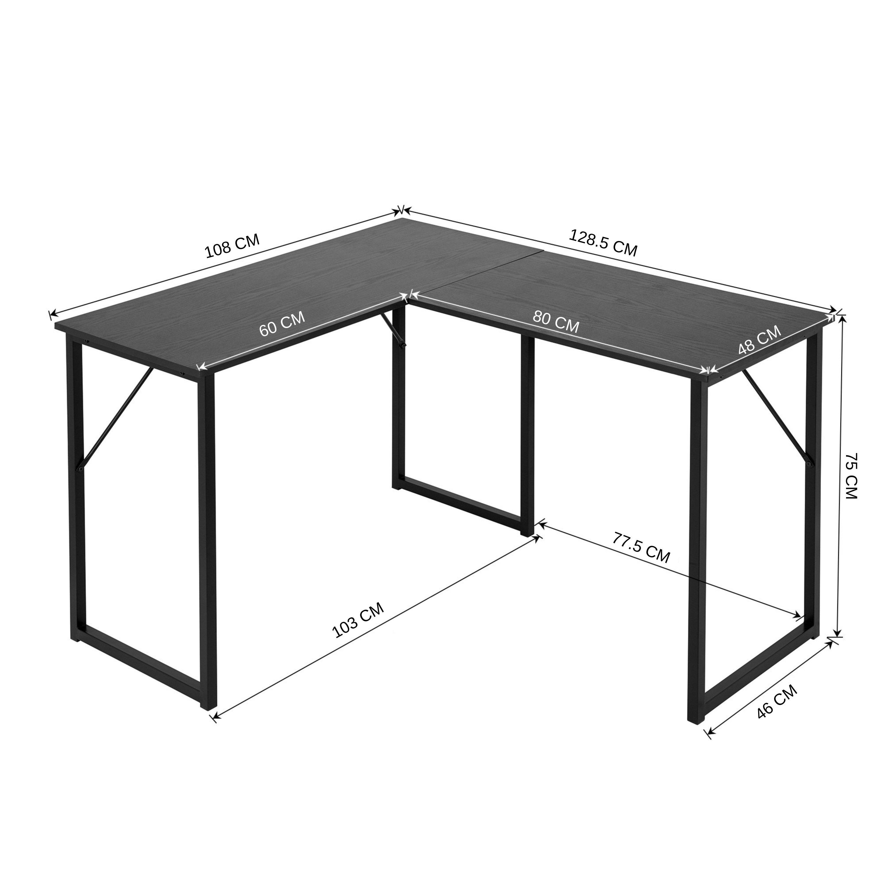 Black - FurnitureR - L-Shaped Corner Desk 129 cm Home Office Computer Table with Metal Frame - 8