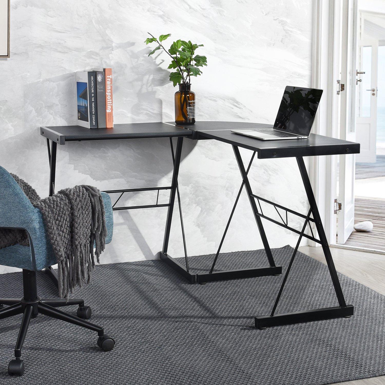 Black - FurnitureR - L-Shaped Corner Computer Desk Office Workstation with Steel Frame - 1