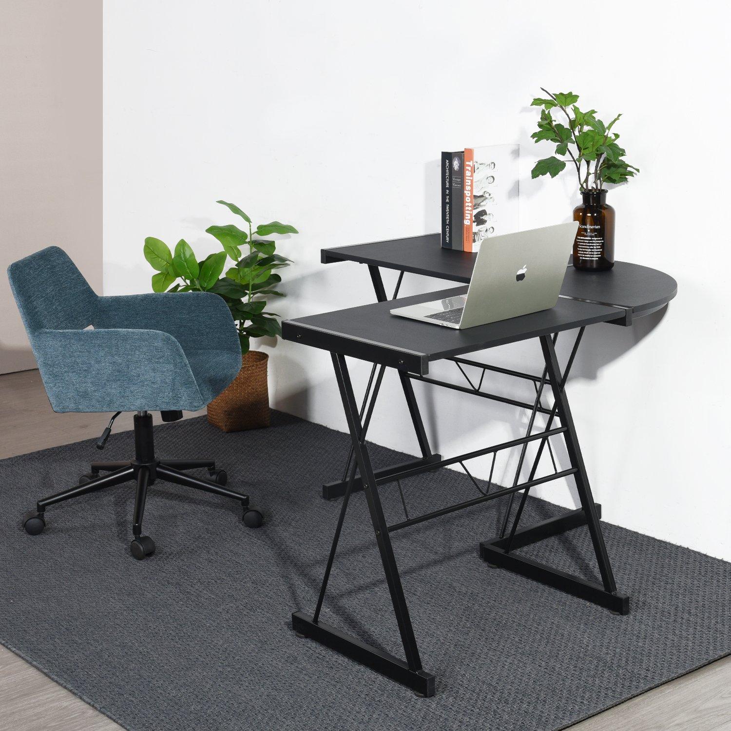 Black - FurnitureR - L-Shaped Corner Computer Desk Office Workstation with Steel Frame - 2