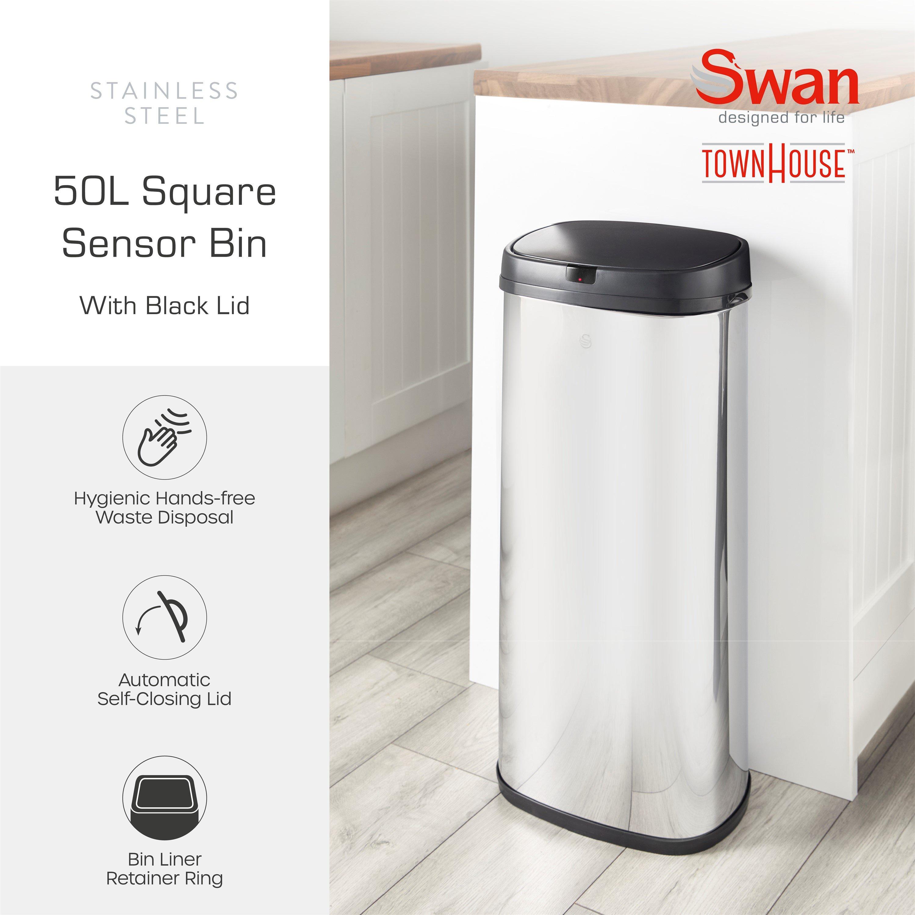 Stainless Steel - Swan - 50L Square Sensor Bin w/Black - 2