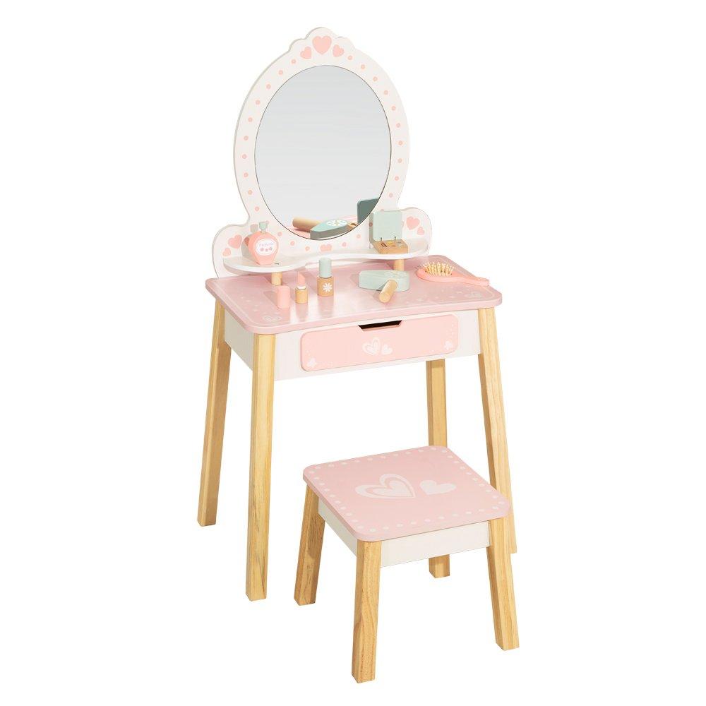 White/Pink - Tooky Toy - Wooden Vanity Table with Stool - 1
