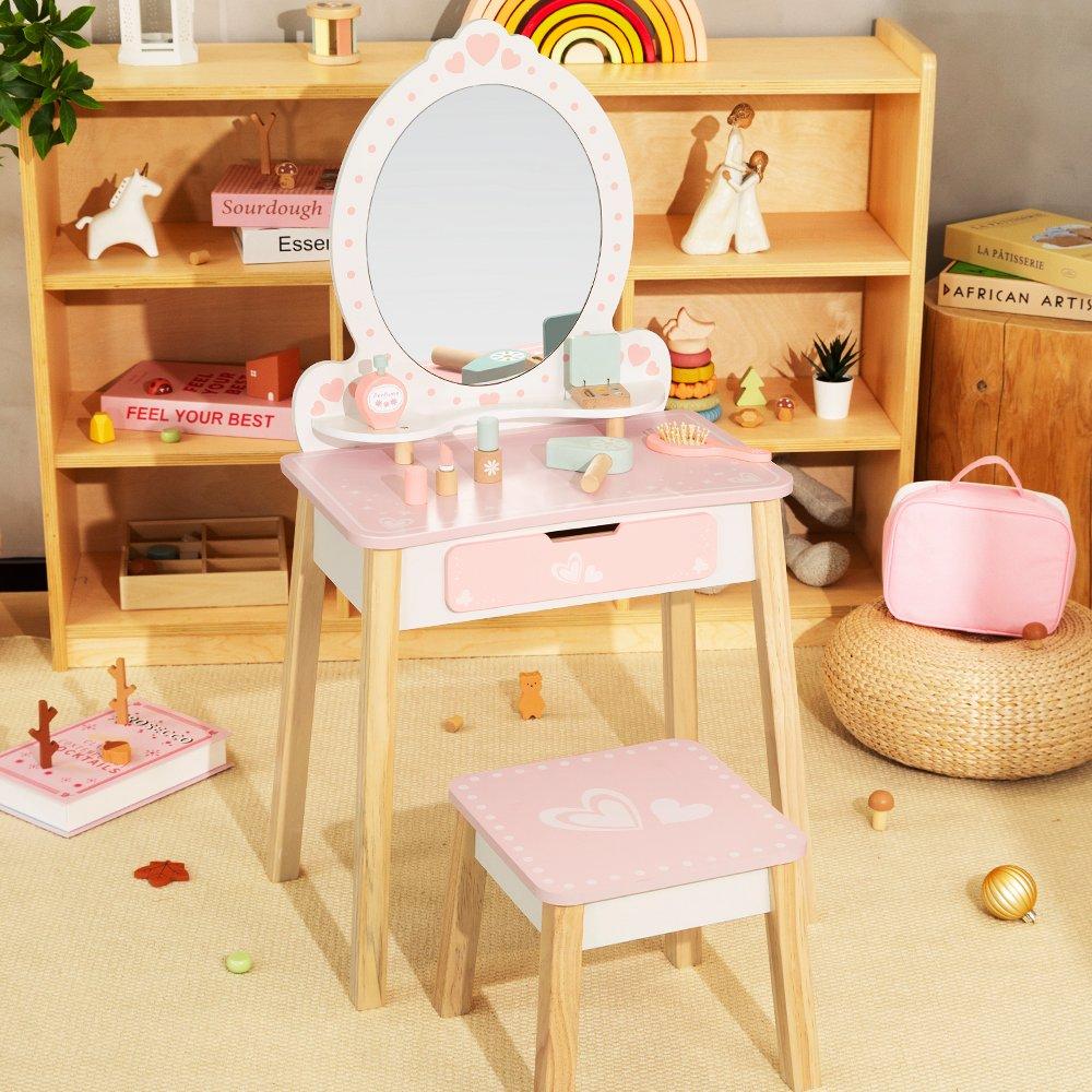 White/Pink - Tooky Toy - Wooden Vanity Table with Stool - 2