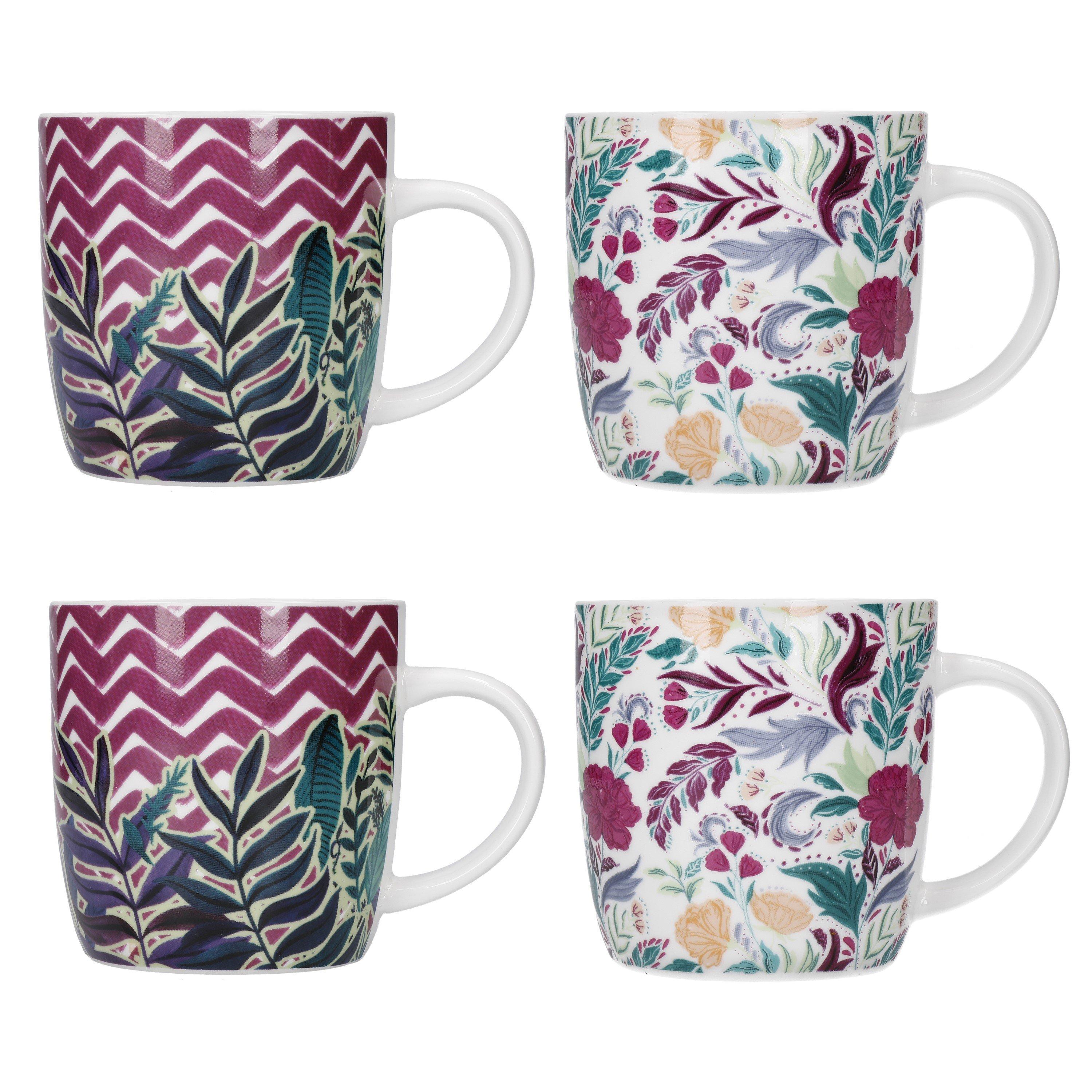 Kitchencraft  Set Of 4 Exotic Floral / Chevron Mugs - Assorted - 4 x 425ml