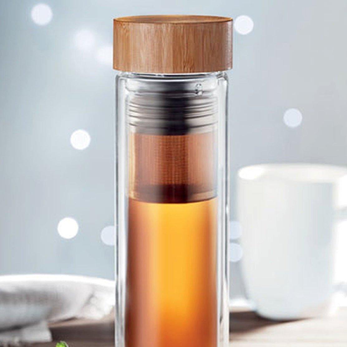 Treat Republic  Bamboo Lid Insulated Glass Drinks Bottle & Infuser - Clear - Standard