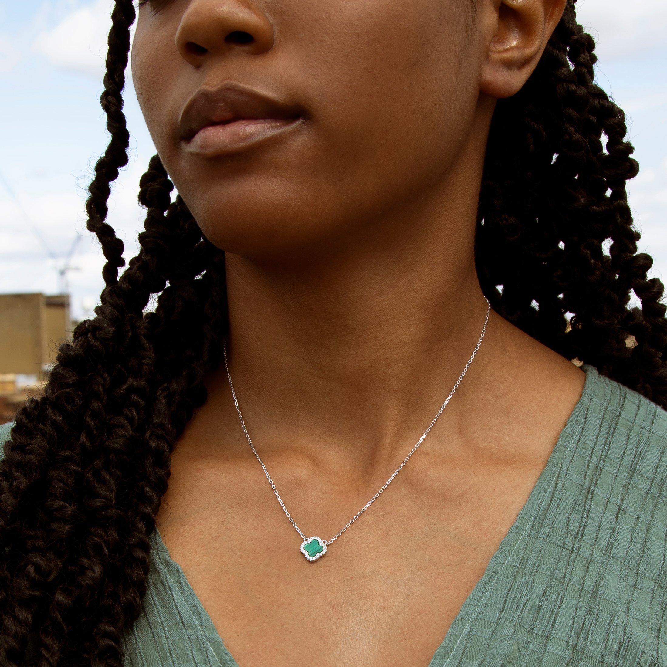 Sterling Silver - Be You - Sterling Silver Clover Malachite & CZ Necklace - 2