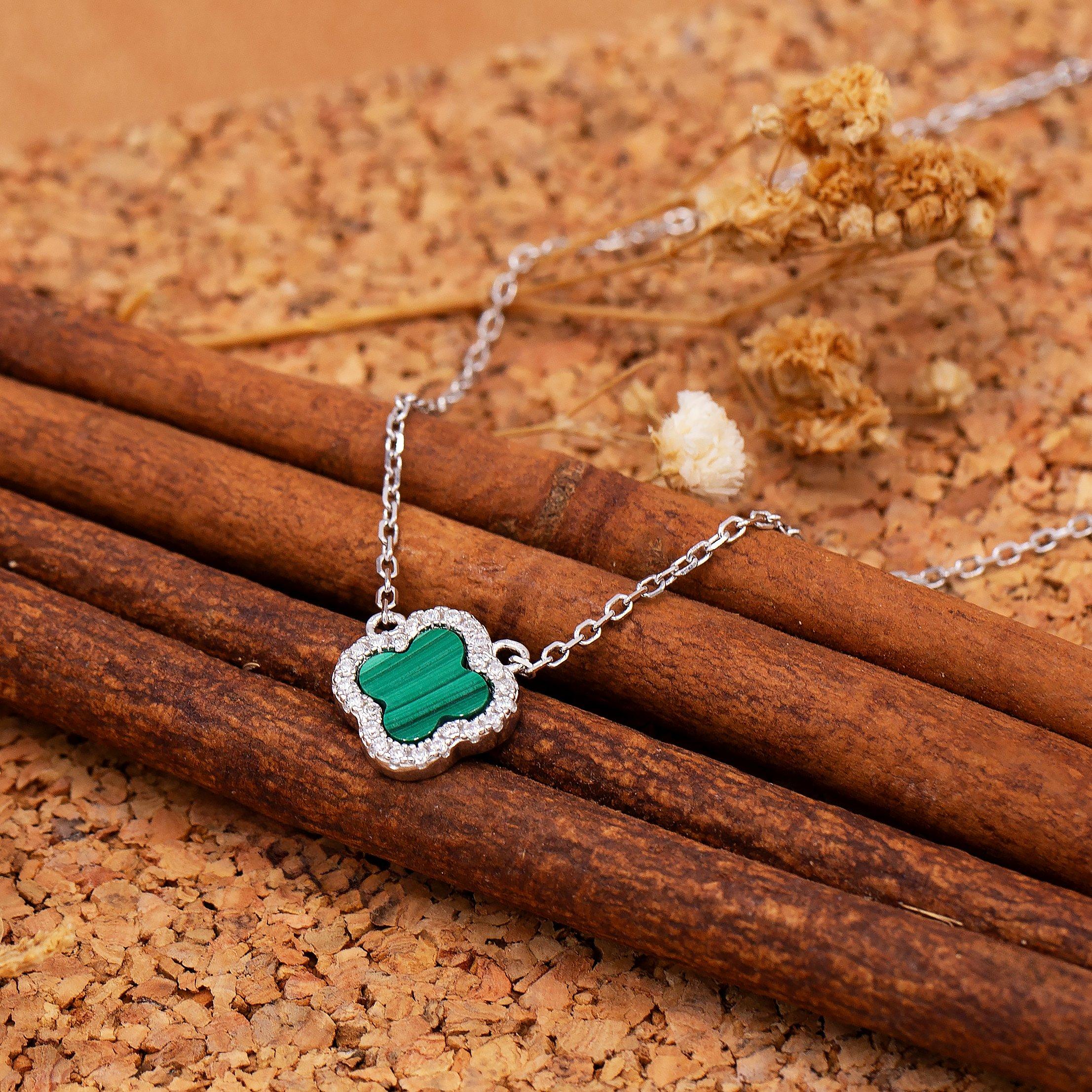 Sterling Silver - Be You - Sterling Silver Clover Malachite & CZ Necklace - 3