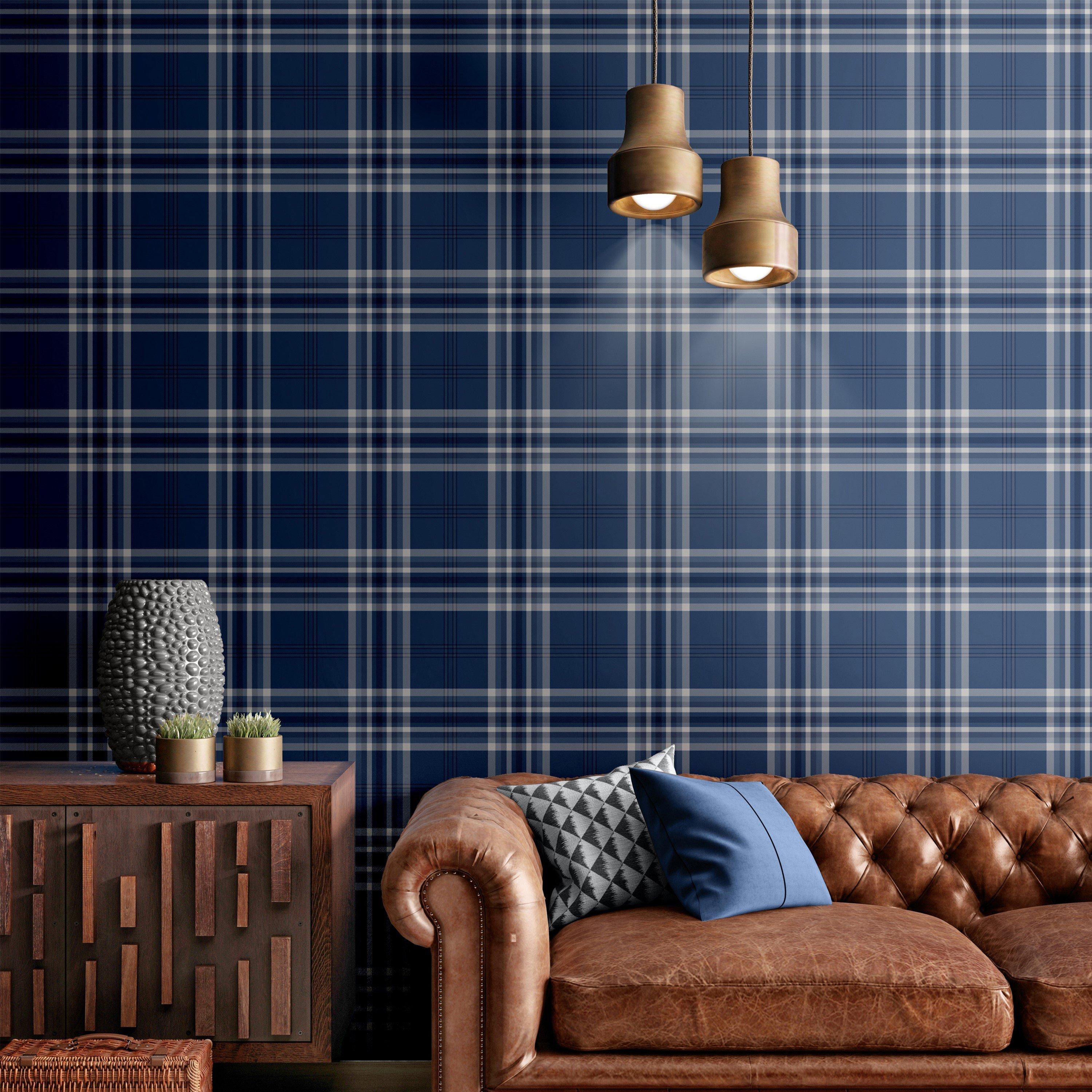 Navy Blue - Catherine Lansfield - Kelso Check Wallpaper - 1