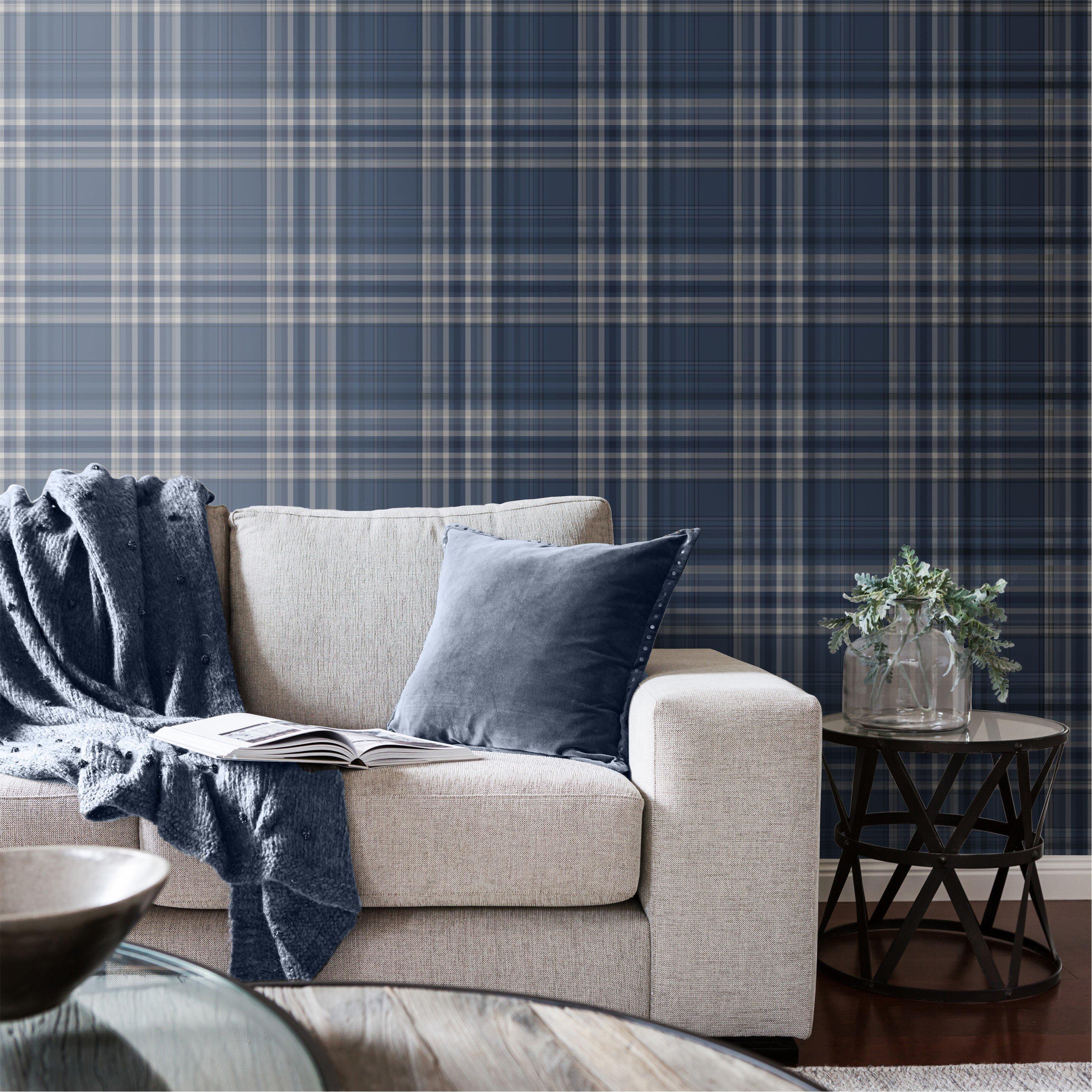 Navy Blue - Catherine Lansfield - Kelso Check Wallpaper - 2