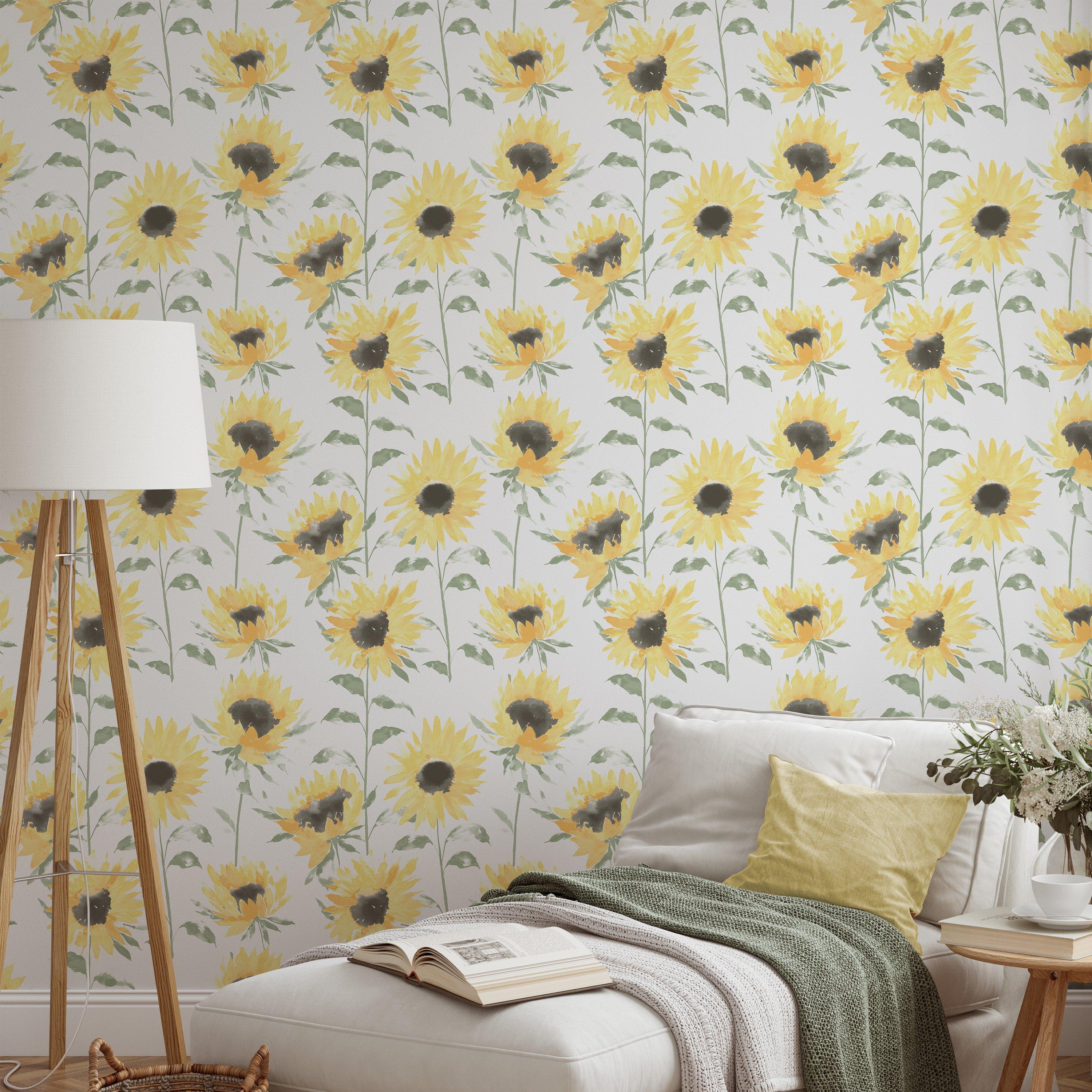 Yellow - Catherine Lansfield - Painted Sunflowers Wallpaper - 2