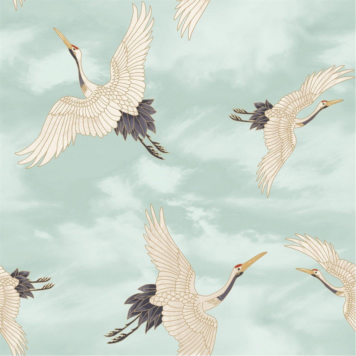 Catherine Lansfield  Cranes Wallpaper - Duck Egg Blue